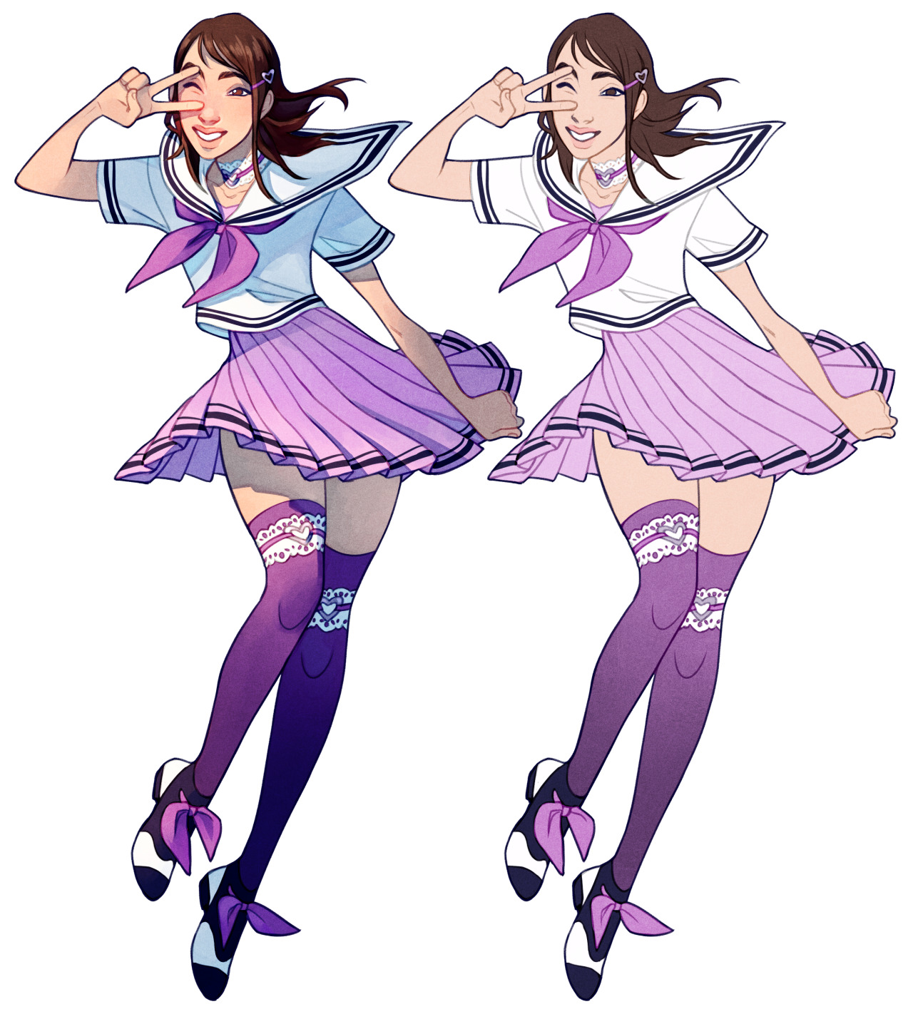 this illustration showcases the same female character twice, positioned sidebyside. the only difference between the two figures is the color treatment. they both sport playful poses, winking while striking a peace sign gesture. their attire consists of a charming sailorinspired top paired with a pleated purple skirt. lace detailing adorns their thighhigh socks, and they complete their look with stylish black and white shoes adorned with bows.