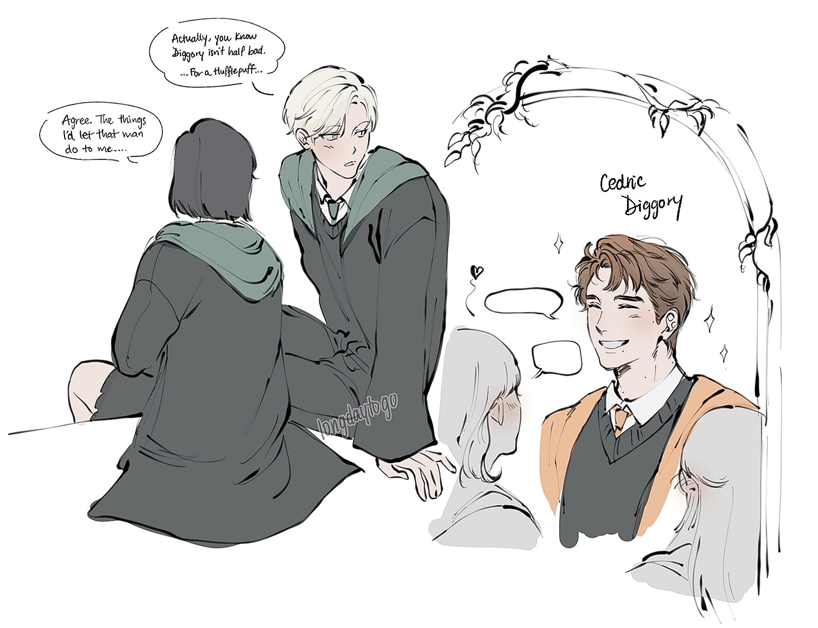 the image is a piece of fanart depicting characters from the harry potter universe.  the main focus is on a romantic interaction between two male characters: cedric diggory (hufflepuff) and another character (possibly a slytherin, judging by the robe color), who are engaged in a whispered conversation. speech bubbles above them indicate their conversation, which hints at their attraction. the art style is a blend of anime and manga aesthetics, with soft lines and muted color palettes. there are other characters in the background, including more characters in the background, but the primary focus is on the central pair. the overall mood is light, playful, and romantic, suggestive of a ship within the fandom.  the artwork also includes text bubbles containing commentary about cedric's attractiveness.