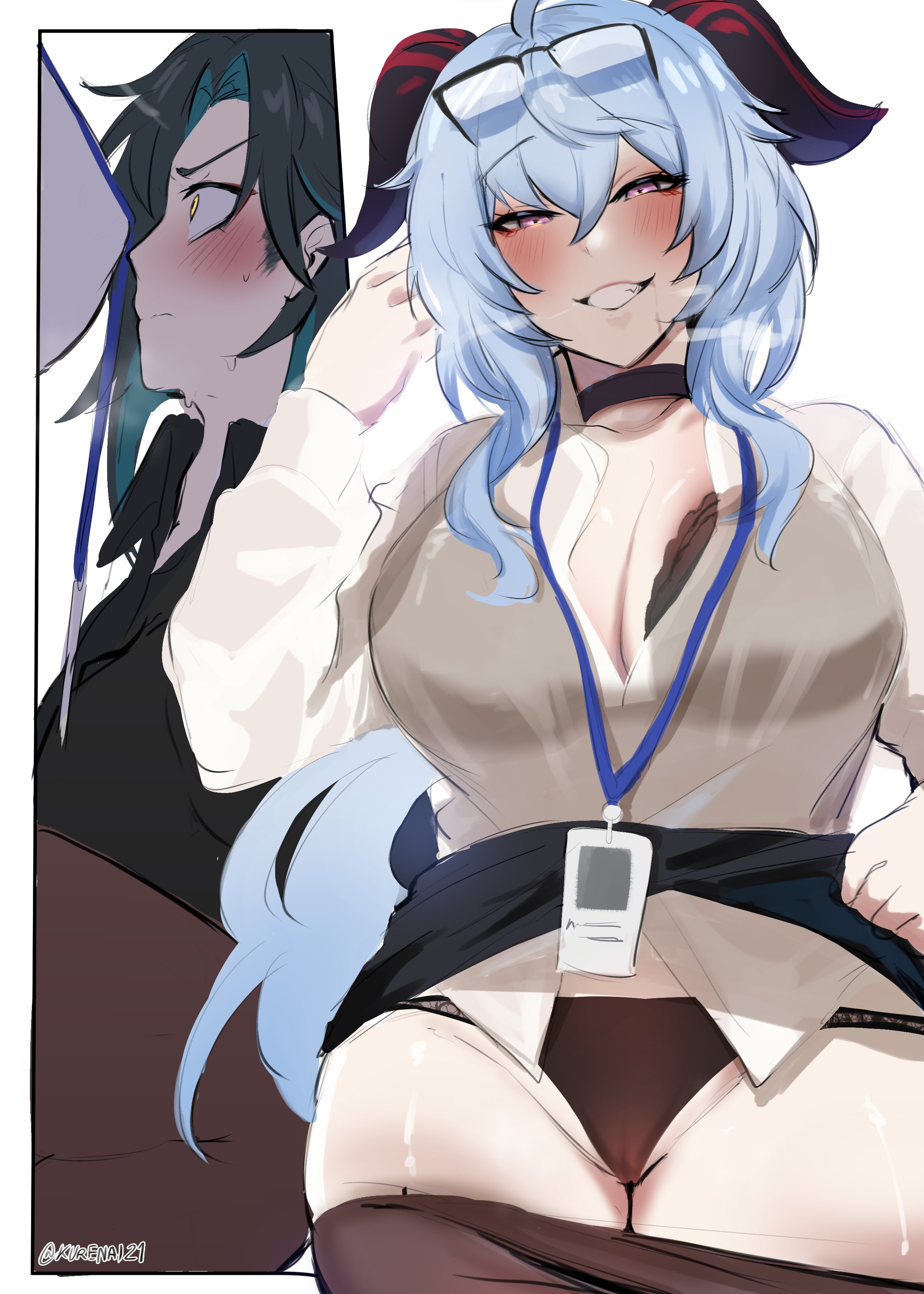 the image is a digital illustration of two anime girls, one with blue hair and red eyes, and one with black hair. the girl with blue hair is wearing a white shirt, a black skirt, and black pantyhose. she also wears glasses and has a black choker on. she is holding a black lanyard with a badge attached to it. the other girl is wearing a black shirt. the image is drawn in a cute and colorful style.