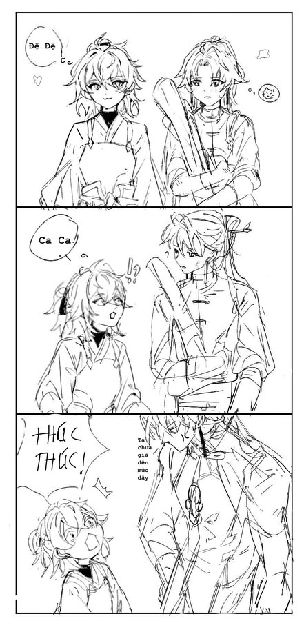 the manga comic shows four young characters in black and white line art. the top panel shows two girls: the girl on the left says "dê dê" while the girl on the right is looking down and has a small thought bubble above her head that says "...." . the middle panel shows a girl on the left saying "ca ca" and a boy on the right holding a baseball bat. the bottom panel shows a girl on the left with a speech bubble above her head that says "thưc thức" and a boy on the right with a speech bubble above his head that says "ta chưa gía đến mức đấy".