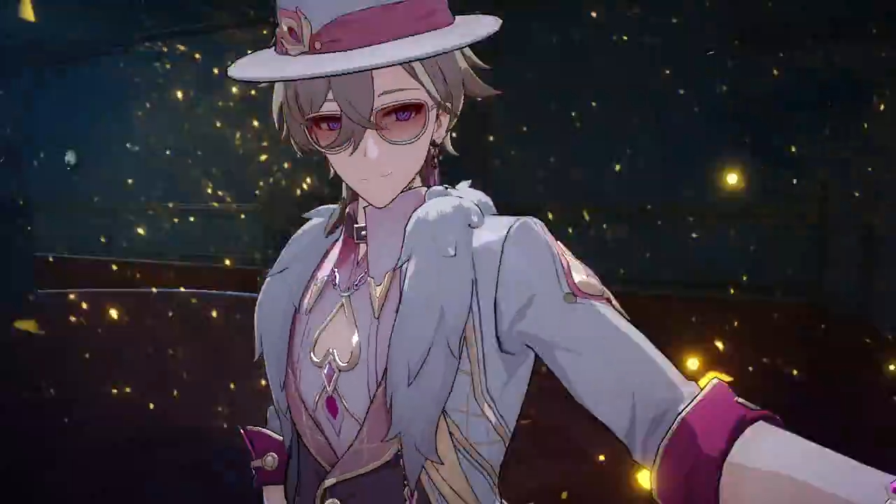 this is a closeup of a character from the game genshin impact, scaramouche. he is dressed in an elegant, stylish suit with a white hat and sunglasses. he has purple hair and purple eyes. the character appears confident and stylish, with a hint of mystery in his gaze.