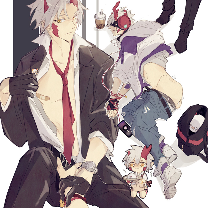 the image contains three male anime characters. two of the characters are adult and one is a child. the adult character on the left is wearing a black suit and a white shirt with a red tie. he has grey hair and red horns, his eyes are a light blue. he is wearing black gloves and a watch on his wrist. the adult character on the right is wearing a white jacket with a purple undershirt, blue jeans, and red and black shoes. he has white hair with a red horn and a red earpiece and a black eyepatch. he is holding a phone and his eyes are a light blue. the character on the bottom is a child with a red horn and red eyes. he has white hair and is wearing a  white shirt and red and white skirt.  he is holding a plate with food. the characters are drawn in a digital art style and are in a casual and formal setting.