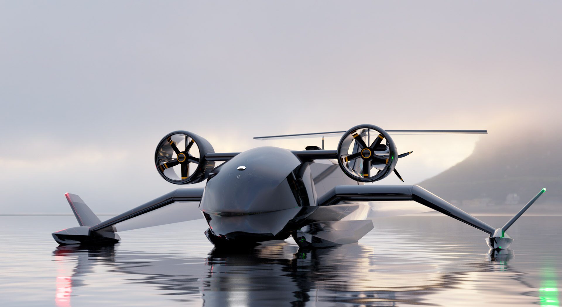a black and white seaplane is floating on the water. the plane has two propellers on each side, and is facing the camera. the sky is gray and cloudy, and the water is calm. the seaplane looks modern and futuristic.