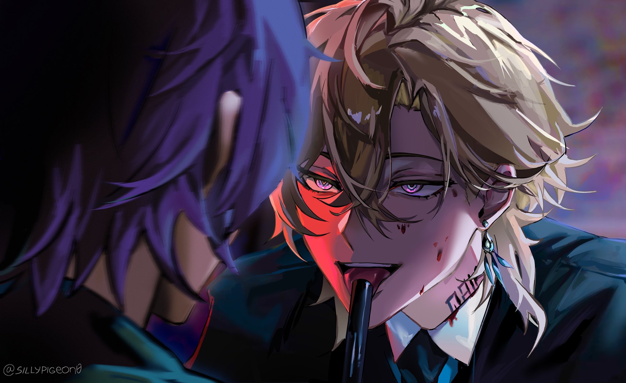 the image shows a drawing of two men. one man has blonde hair, purple eyes, and is wearing a black suit. he has blood on his face and a tattoo on his neck. he is holding a cigarette in his mouth and looking intensely at the other man. the other man has purple hair and is facing away from the viewer. the lighting is dark, with a red light shining on the blondehaired man.