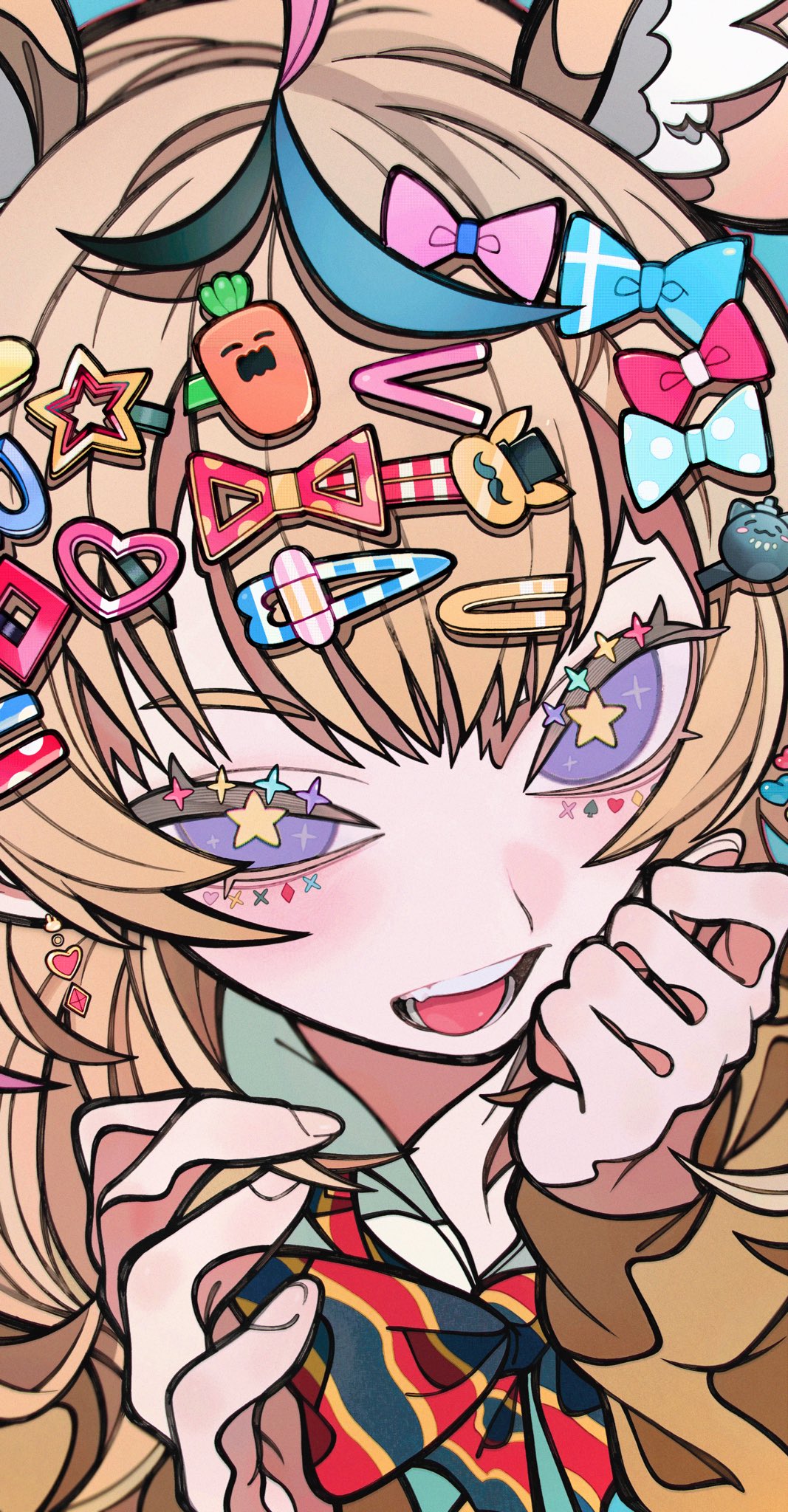 a cartoon girl with long blonde hair tied up with a bow. she is wearing a school uniform with a red and yellow striped bow. her eyes are sparkling and she is smiling. she has a bunch of cute accessories in her hair, including clips, bows, and stars.  she looks very happy and cheerful.