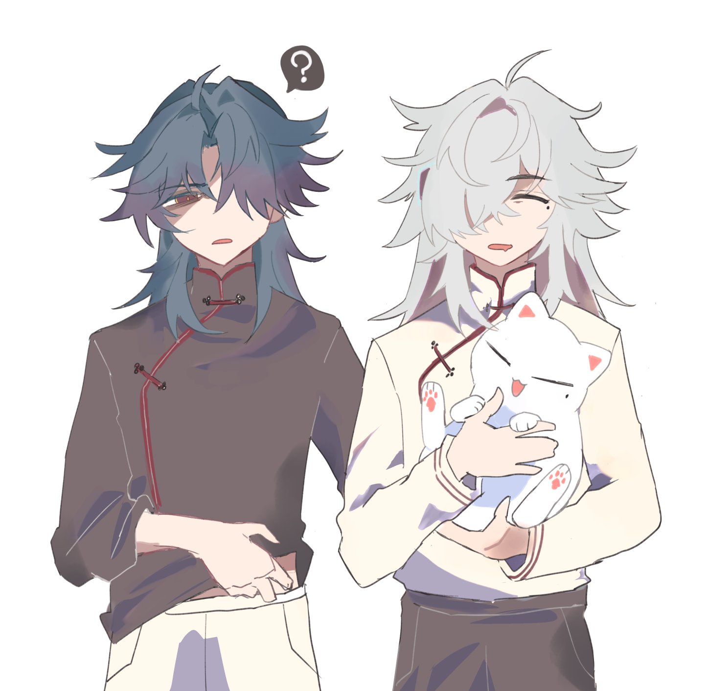 two anime boys, one with black hair and the other with white hair, are wearing traditional chinese clothing. the boy with white hair is holding a white cat in his arms, while the boy with black hair is looking at the cat with a puzzled expression. they both appear to be smiling, and it seems like they are good friends. the image is drawn in a colorful and vibrant style.