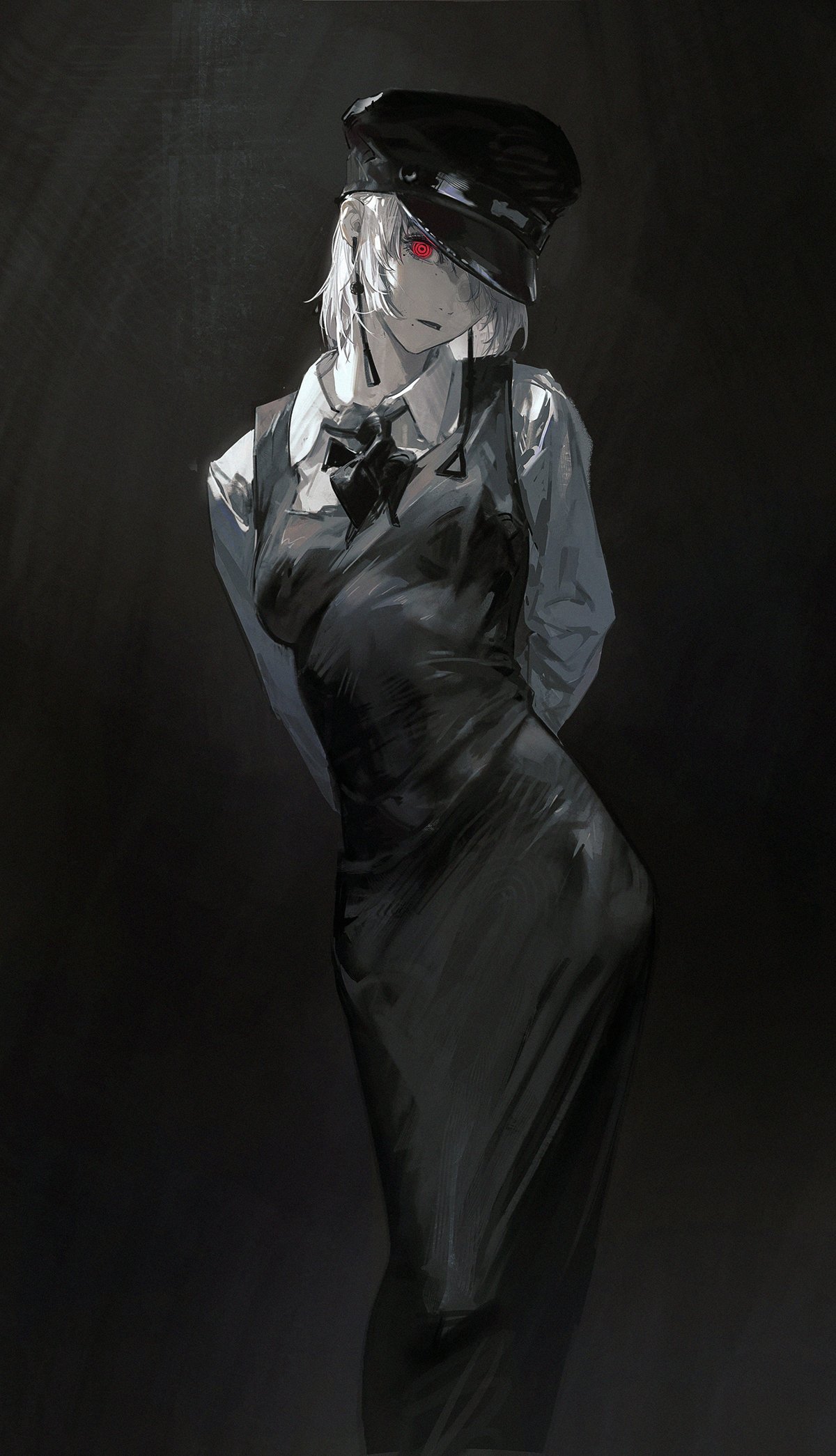 a mysterious anime girl with white hair is shown wearing a black dress and a hat, her red eyes are intensely focused. the dark background makes her stand out, giving off an aura of elegance and mystery.