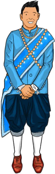 a man wearing traditional thai clothing. he is smiling and looking very happy. he looks like he's about to greet someone. he is wearing a light blue jacket with golden embroidery. he's wearing a gold and blue scarf around his shoulders. his pants are a darker blue. he is also wearing white socks and red shoes.