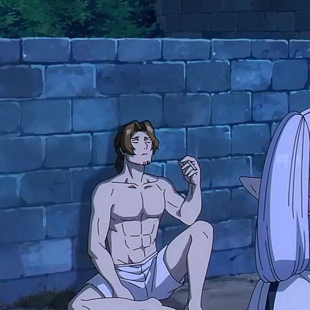 this image shows a muscular man with brown hair sitting against a stone wall at night. he appears to be smoking and looking upwards, with a concerned expression on his face. he is shirtless and wearing white pants.  a woman with long white hair stands behind him, her face not visible in the frame. the scene is lit by an unseen artificial light source, casting a blueish hue over the scene.