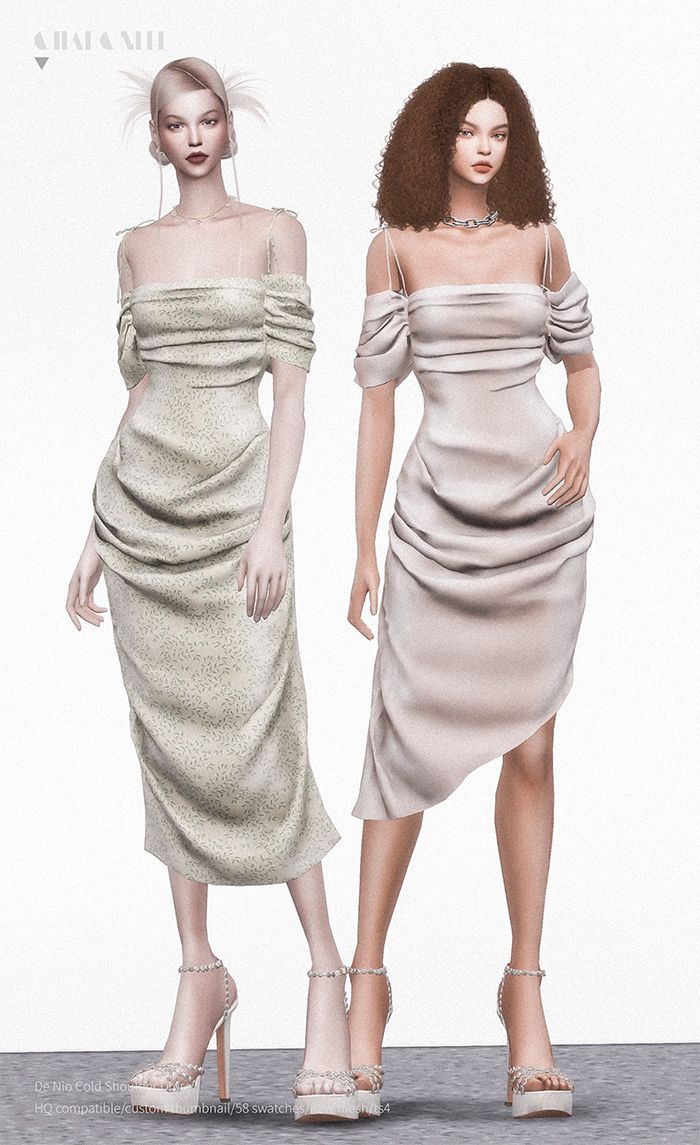 two female sims 4 characters are shown in studio lighting with a simple white background.  they are wearing white off the shoulder dresses with ruffles.  the dress on the left has a patterned design, and the one on the right has a smooth, solid material.  both models are wearing white high platform sandals with a design of jewels.  the model on the left has blonde hair with feathered pieces, while the model on the right has brown curly hair. both models are wearing necklaces.  the overall look is elegant and stylish.