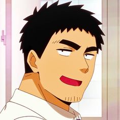 this is a closeup illustration of a male anime character. he has short, dark hair, thick eyebrows, and is smiling with his mouth slightly open. he appears to be content and approachable. the art style is soft and inviting, with a focus on the character's facial expression. the background is a pale pink, which further emphasizes the character and creates a warm atmosphere.