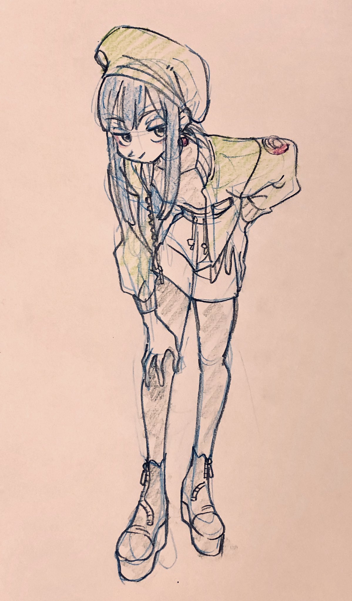 he image is a doodle of an anime girl with blue hair wearing a green jacket and a beret. she's posing with her hand on her hip.