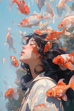 a young woman with long dark hair and closed eyes, surrounded by golden koi fish swimming around her in the water. the fish are various sizes and colors, and their scales shimmer in the sunlight. the woman has a serene expression on her face, and she seems to be at peace in the water. the background is a hazy blue sky, and the overall effect is one of tranquility and beauty.