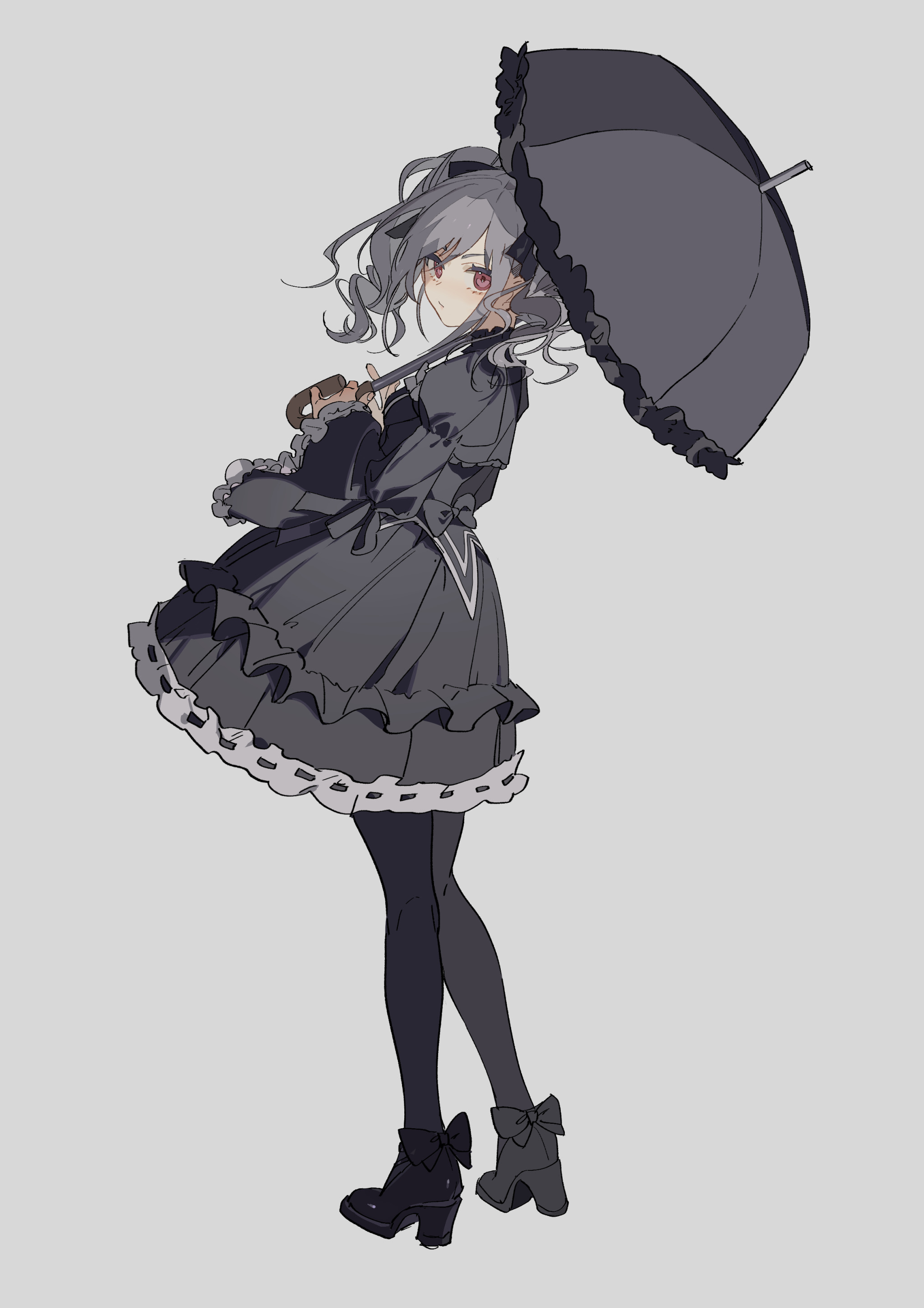 a fullbody animestyle illustration of a girl holding an umbrella. she has grey curly hair and red eyes. she is wearing a black dress with frills and a bow. she also has on stockings and boots, one shiny and one matte, both with a bow. she is holding a black umbrella trimmed with lace. the background is a solid gray color.