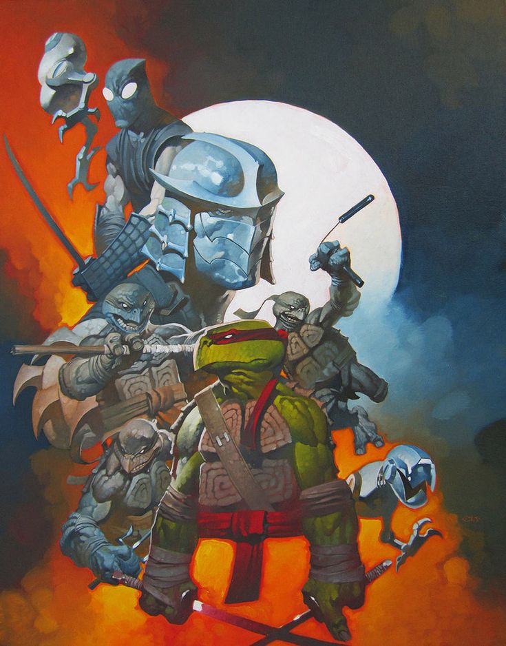 this is an illustration of a teenage mutant ninja turtles comic book cover. the image depicts leonardo, the main character, wielding a katana sword against the foot clan. the shredder, the foot clan's leader, is standing above leonardo, and splinter is in the background, a fearsome looking rat. the image is set against a backdrop of a nighttime cityscape with a moon in the background. it's painted in a vibrant color scheme of oranges, reds, blues, and greens.