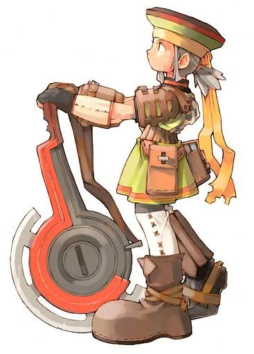 this is a piece of character art from the video game rune factory: a fantasy harvest moon. the image depicts a young girl character, possibly the player character, from the game. she is wearing  a unique costume that includes a hat and boots, and carrying a large, circular weapon. the art style is reminiscent of anime and manga, with a focus on vibrant colors and detailed clothing. the background is plain white, focusing attention on the character and their attire.  the overall style suggests a fantasy or roleplaying game setting.