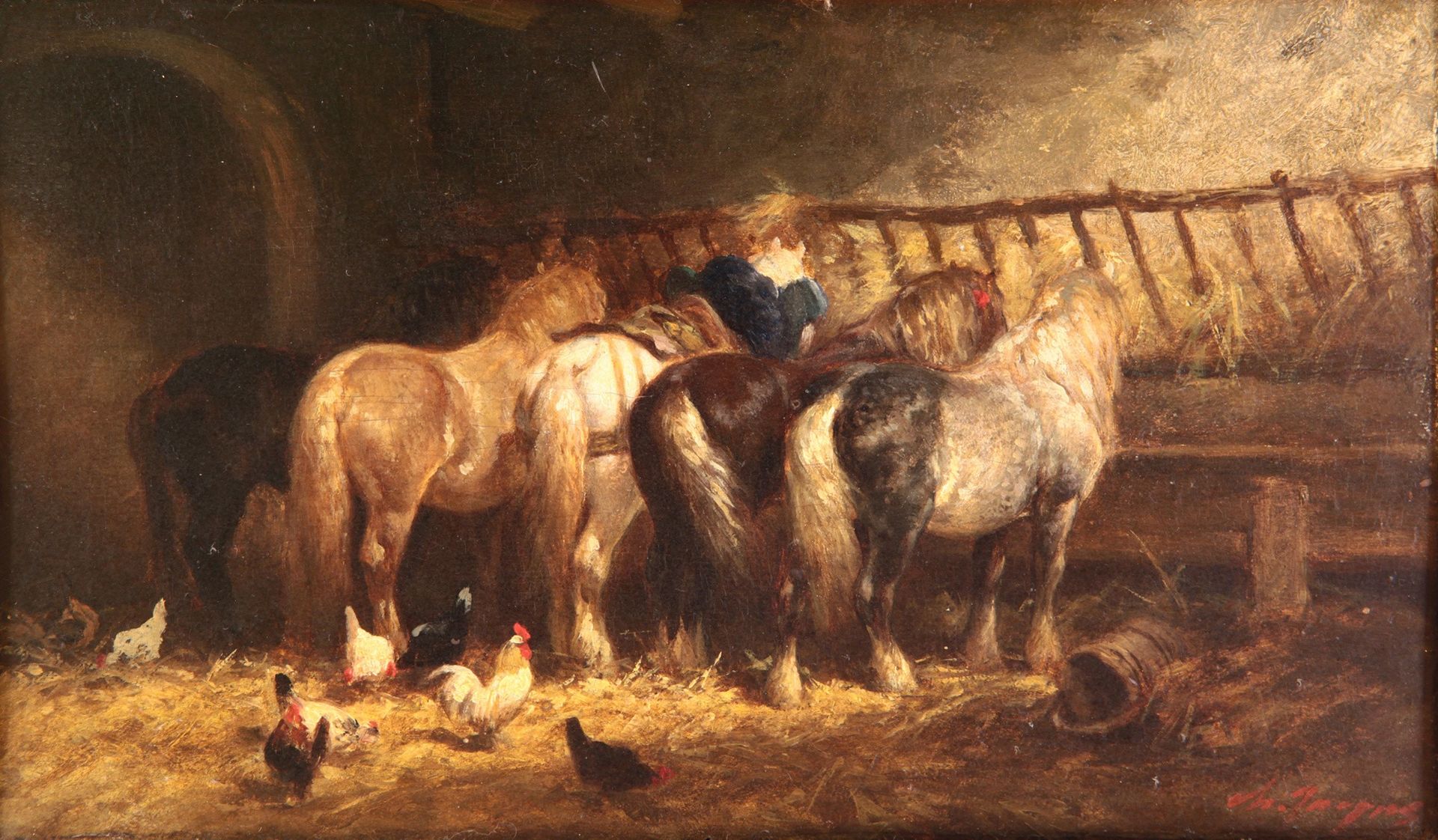 an oil painting depicts a dimly lit barn interior where several horses are gathered around a wooden feeding trough filled with hay. their backs and hindquarters are visible, exhibiting various colors of brown, tan, and gray. chickens peck at the strawcovered ground in the foreground. the barn's backdrop is dark, adding depth and a sense of rustic enclosure.