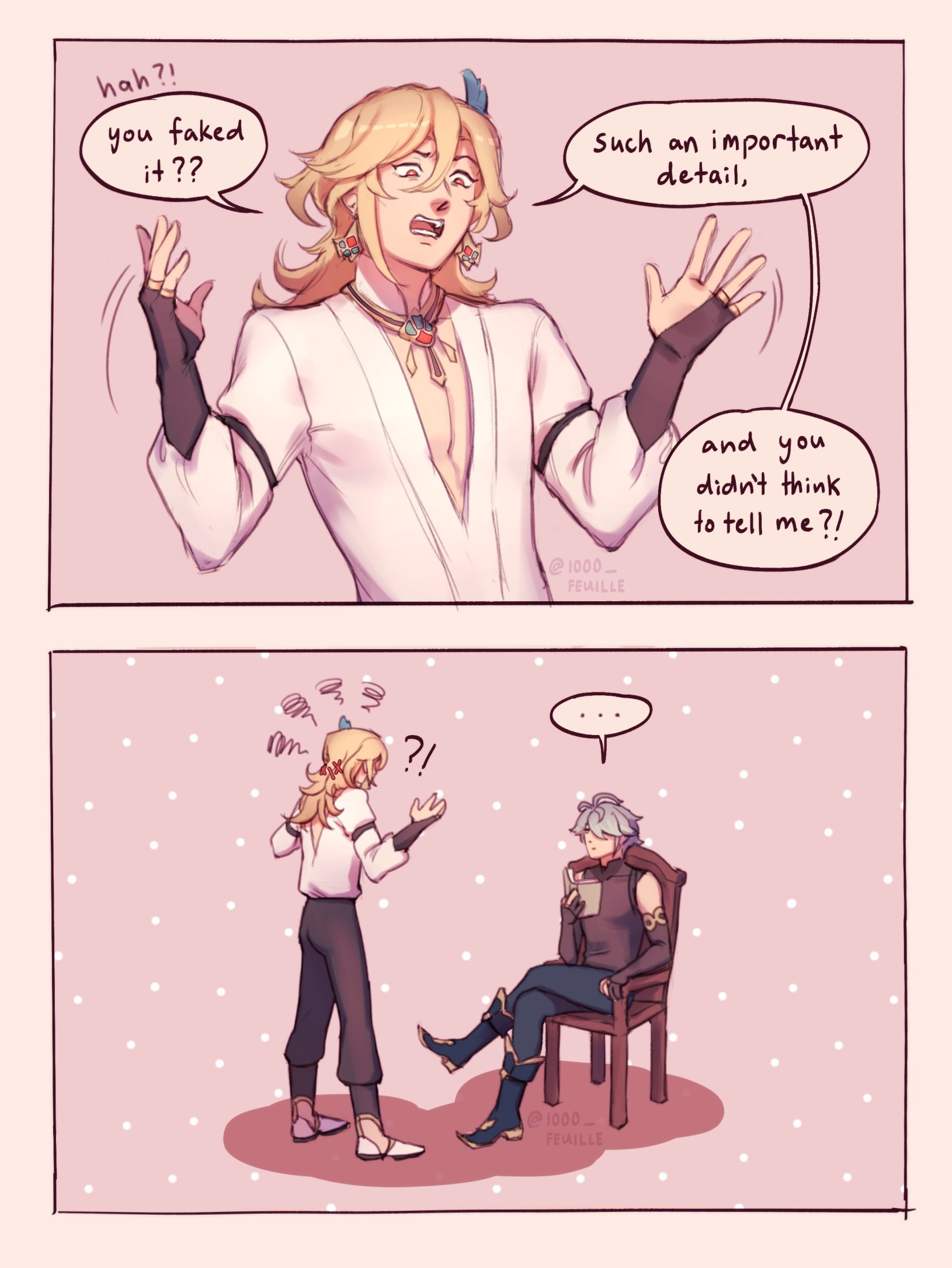 this is a comic strip featuring two anime characters. the first panel shows a blonde character wearing a white kimono with blue accents standing with their arms outstretched, looking annoyed. they are talking to a character with blue hair wearing purple clothing sitting on a chair. the second panel shows the blonde character looking shocked and the blue hair character sitting on the chair in thought.  the dialogue boxes indicate that the blonde character is upset that the blue hair character faked something and didn't tell them about it.