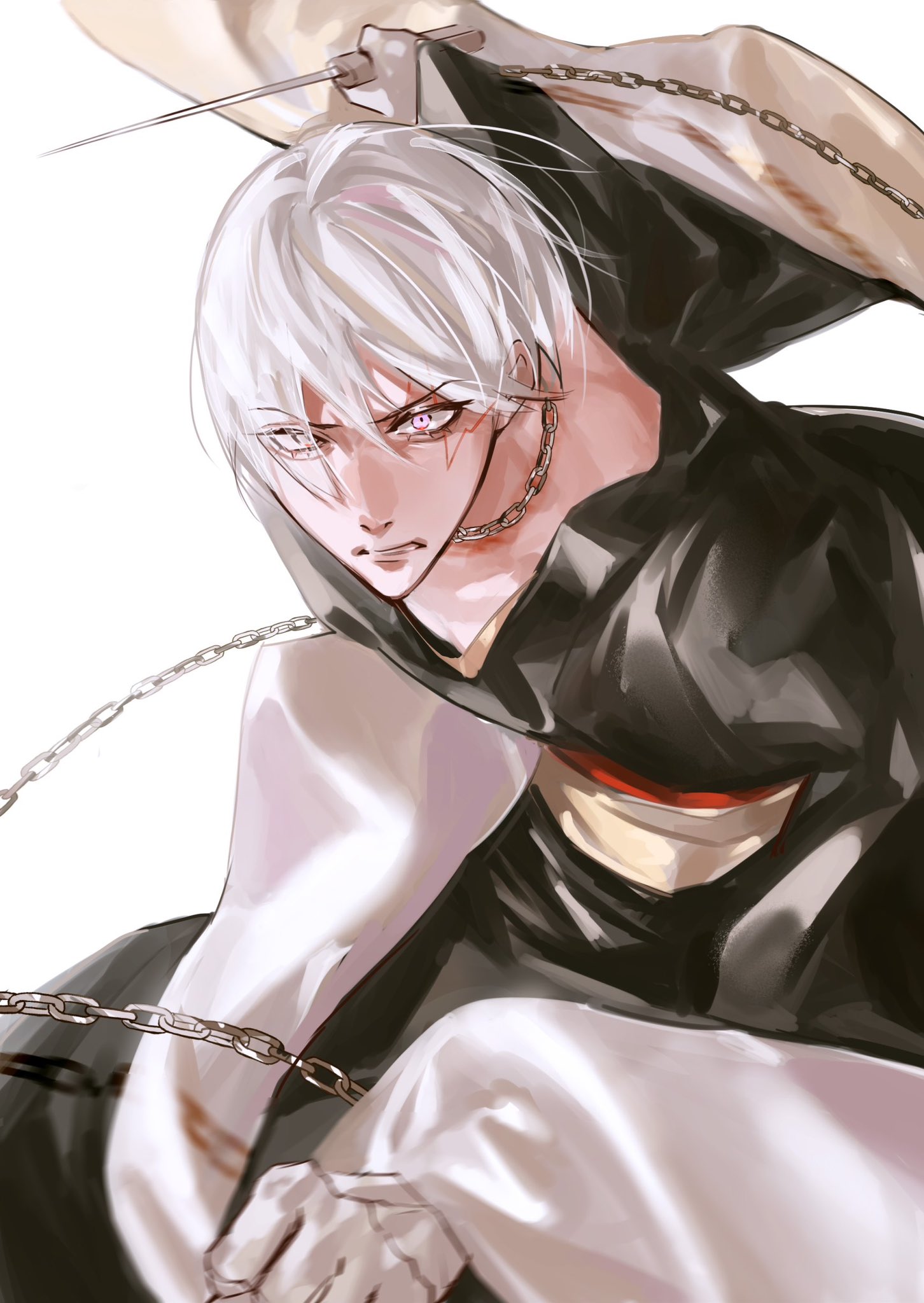 this is a digital art drawing of a character from an anime or manga. the character has white hair,  red eyes, and is wearing black clothing with chains. the character has a serious expression. they appear to be holding a weapon behind their back.