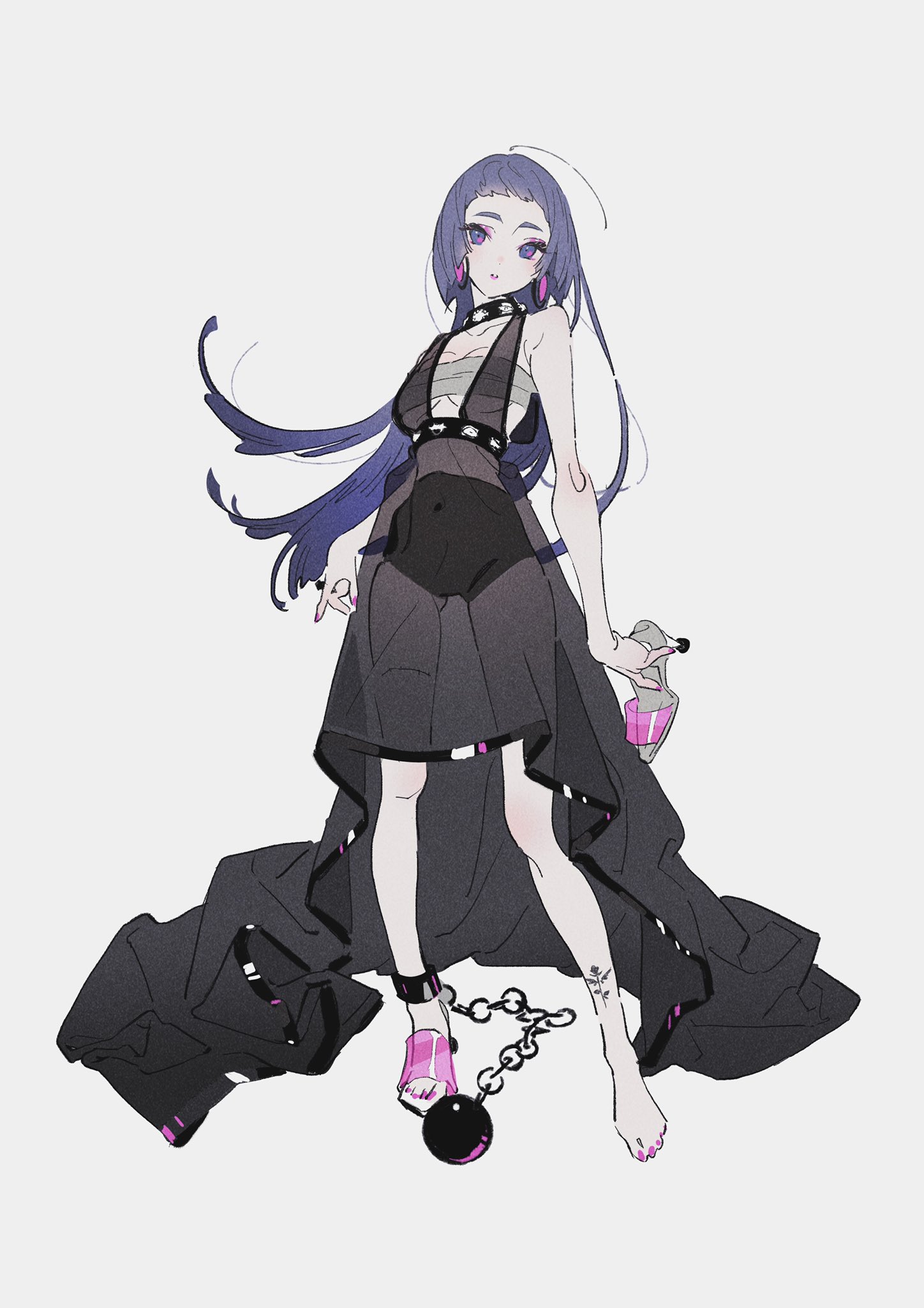 he image showcases a stylishly drawn female character, likely inspired by anime or manga aesthetics. she sports long, flowing purple hair with blunt bangs and striking purple eyes. her attire is a black halter dress with a highlow hemline, accented with buckles and a sheer overlay. the look is further amplified by edgy accessories like a studded choker and a single pink shackle attached to her ankle, trailing a ball and chain. she confidently poses with a slight smirk, holding a pink object resembling a spray can. the overall color palette is predominantly black and grey, contrasted by pops of pink and purple.