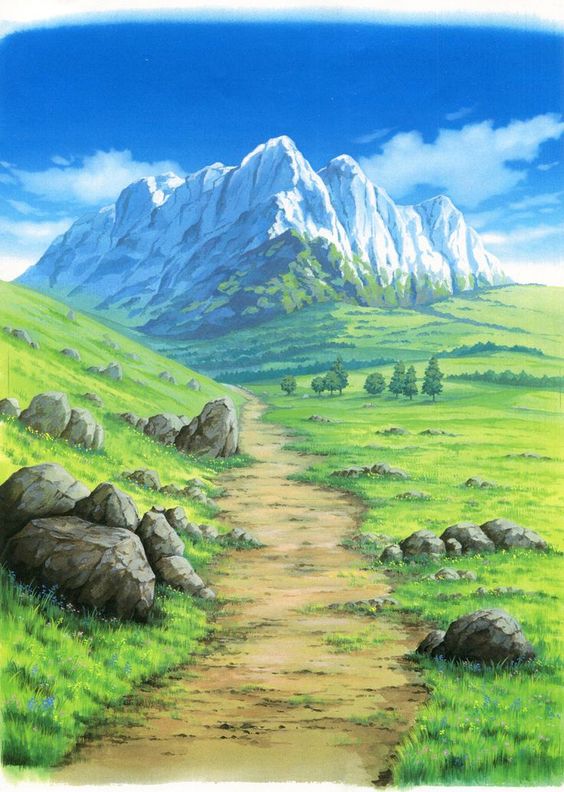 this image is a landscape painting of a mountain range in the background. the mountains are snowcapped and the sky is blue with some white clouds. in the foreground, there is a grassy field with a dirt path leading towards the mountains. there are some rocks and trees scattered throughout the field.