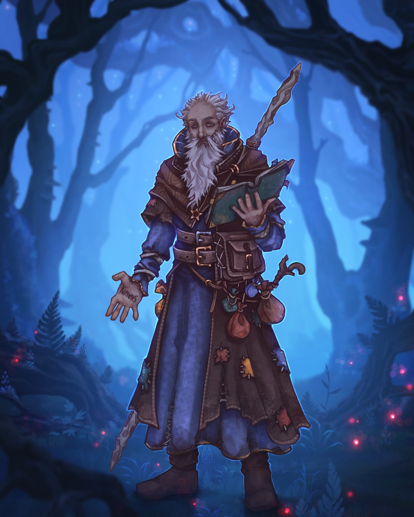 the digital painting depicts an elderly, whitebearded wizard standing in a dark, mystical forest. he wears a long, patched blue robe and carries a staff and a book.  the wizard's expression is thoughtful, and he appears somewhat weary. the forest setting is enhanced by glowing fungi or mushrooms, creating a magical and atmospheric ambiance. the overall style suggests fantasy art, potentially for a roleplaying game or book illustration.  the details in the wizard's clothing and the environment are rich and highly rendered. the color palette is predominantly dark blues and purples, contrasting with the wizard's light hair and beard.
