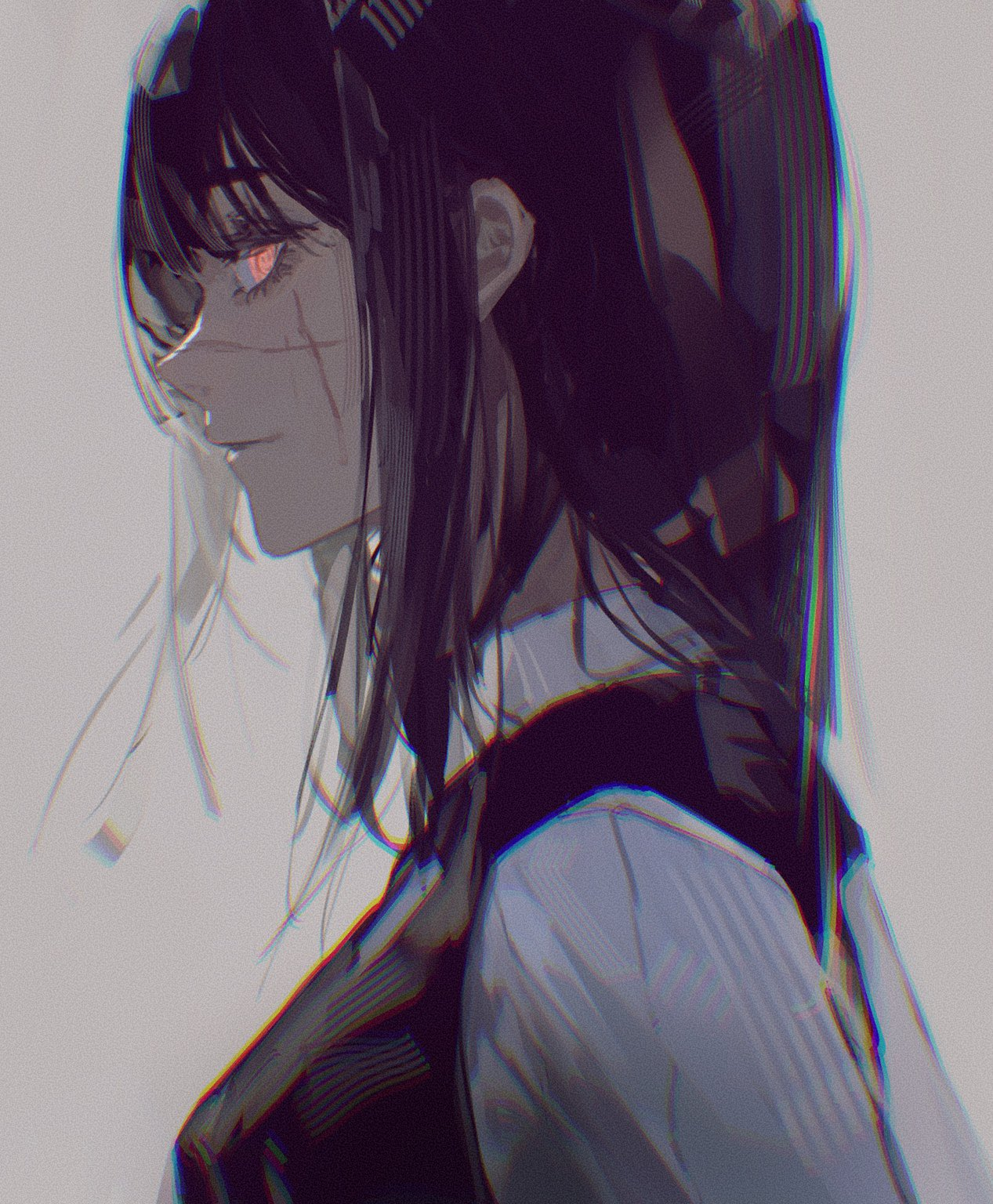a young woman with dark hair, red eyes, and a prominent scar is shown in profile. she is wearing a white shirt and a black dress, and her expression is somber. the image is in a soft light, giving it a melancholic feel.