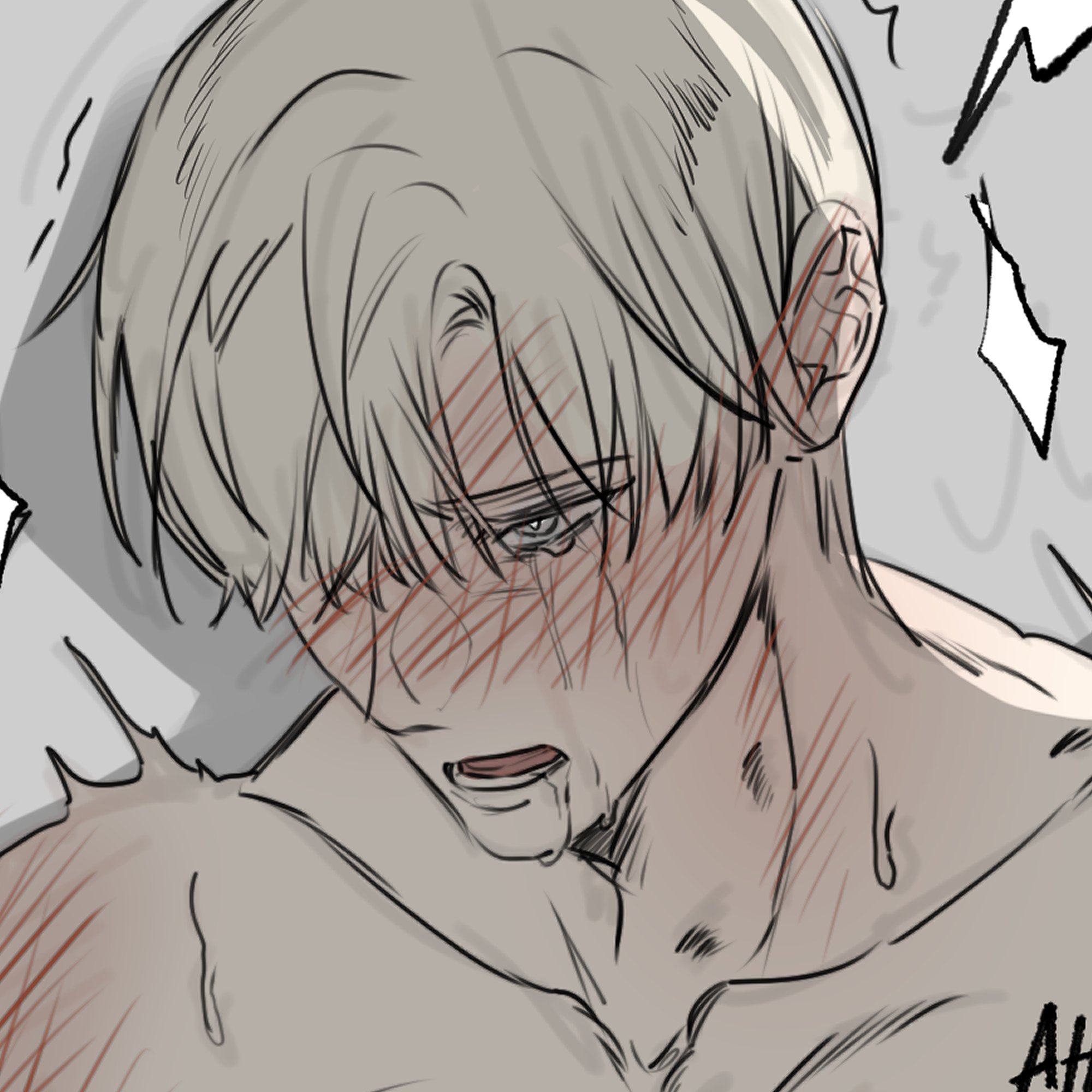 the image is a detailed closeup drawing of an animestyle young man with blond hair. his face is turned downward, and he is crying, with tears streaming down his cheeks. his face and upper body are covered in scratches and red marks, suggesting he has been physically hurt. his expression is one of intense pain and distress. the style is reminiscent of manga or graphic novel art, with a combination of grayscale and red tones to highlight the injuries and emotional state. the background is simple and somewhat blurry, focusing attention on the character's suffering. the overall mood is somber and emotionally charged.  a word, possibly "ah", is visible in the lower right corner.