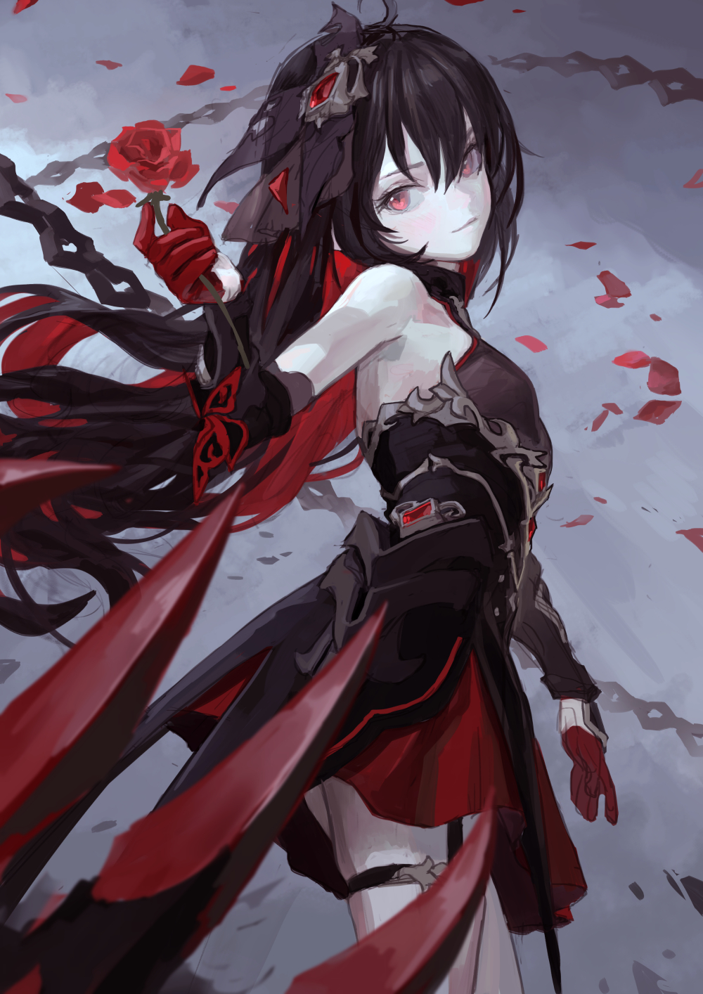 the image depicts a stylized anime girl with a gothic, dark fantasy aesthetic. she has long, flowing black hair and striking red eyes. she is dressed in a complex red and black dress with intricate details and jewelry. she holds a red rose in her gloved hand, and rose petals drift around her. she has pale skin and a slight smirk on her face. chains are visible in the background, contributing to the dark and mysterious atmosphere of the image.