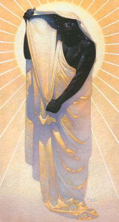 the image depicts a tall, muscular figure draped in a flowing white robe, holding a golden disc or vessel aloft. the figure's skin is black, and their head is covered by a hood or cowl. the disc or vessel is tilted, revealing a swirling mass of stars and cosmic dust, suggesting a connection to the universe or the heavens. the figure stands against a backdrop of radiating golden light, emanating from behind the disc. the scene evokes a sense of awe, mystery, and divine power.