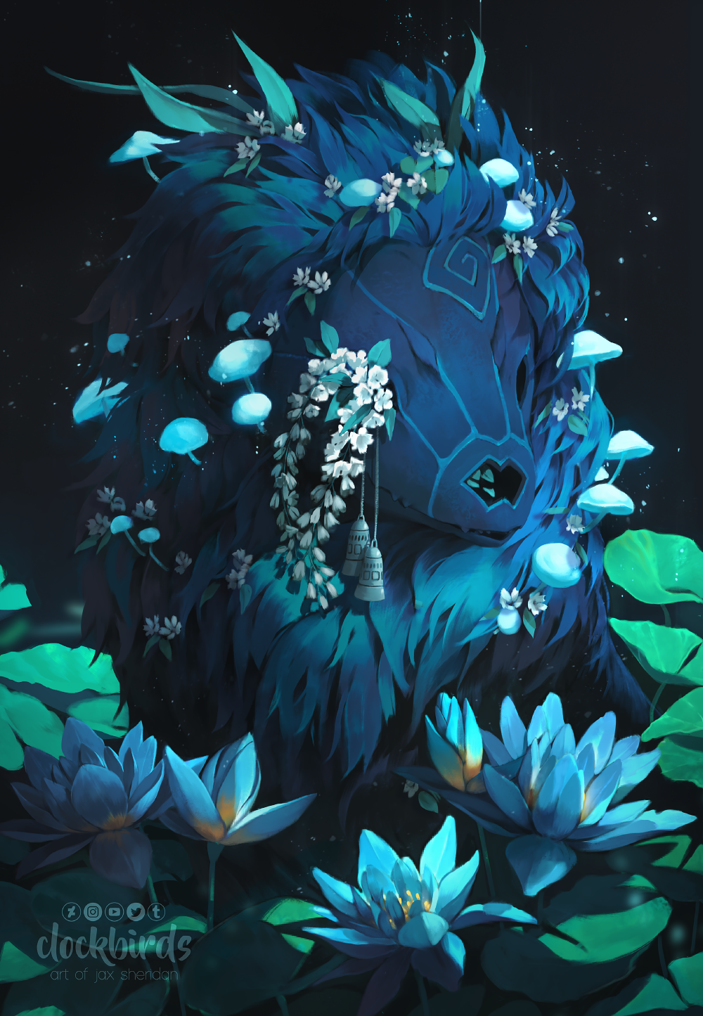 a majestic, stylized blue lion with glowing markings on its face is depicted surrounded by glowing water lilies. the lion's mane and body are adorned with white flowers and greenery. the overall color palette is predominantly blue and green, creating a serene and magical ambiance. the lighting is soft and diffused, emanating from the lion and the lilies, enhancing the ethereal atmosphere.