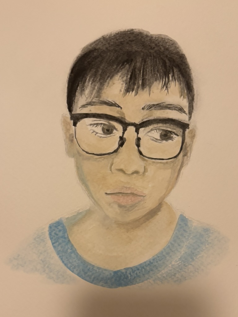 a watercolor portrait of a boy wearing glasses and a blue shirt, with short, dark hair. he is looking down.