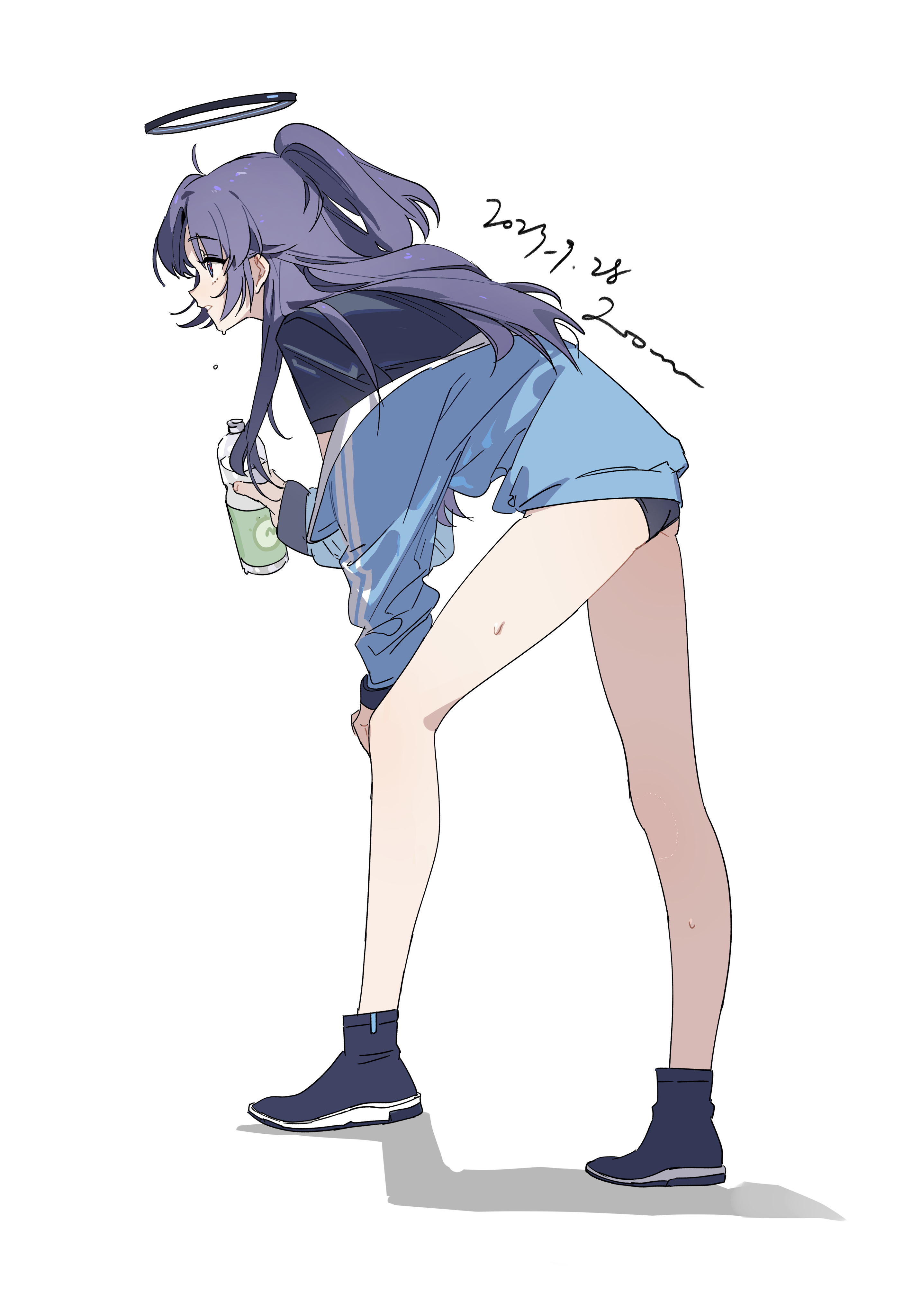 an anime girl with purple hair in a ponytail and wearing eyeglasses stands in profile looking back. she is wearing a halo, a short skirt, a blue sweater, and boots. she is holding a drink in her hand. the date "2023128" is written above her.