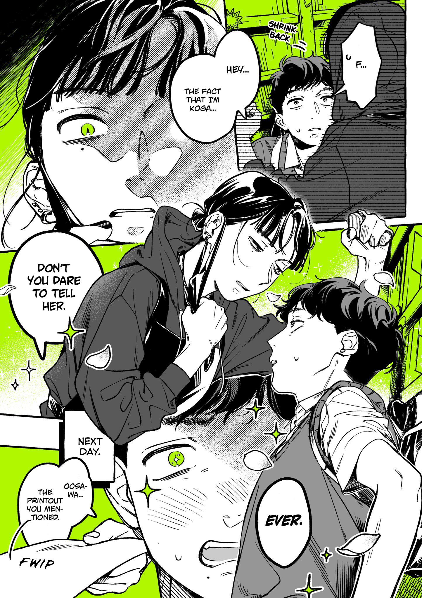 mangastyle comic strip with a green background. the comic features several panels showing a dramatic interaction between several characters. the dialogue bubbles reveal a secret or confession, building suspense.  the art style is sharp and expressive, with black and white linework enhanced by splashes of green. the characters display a range of emotions, highlighting the intensity of the situation. the panels are closely cropped, creating a claustrophobic and emotionally charged atmosphere.