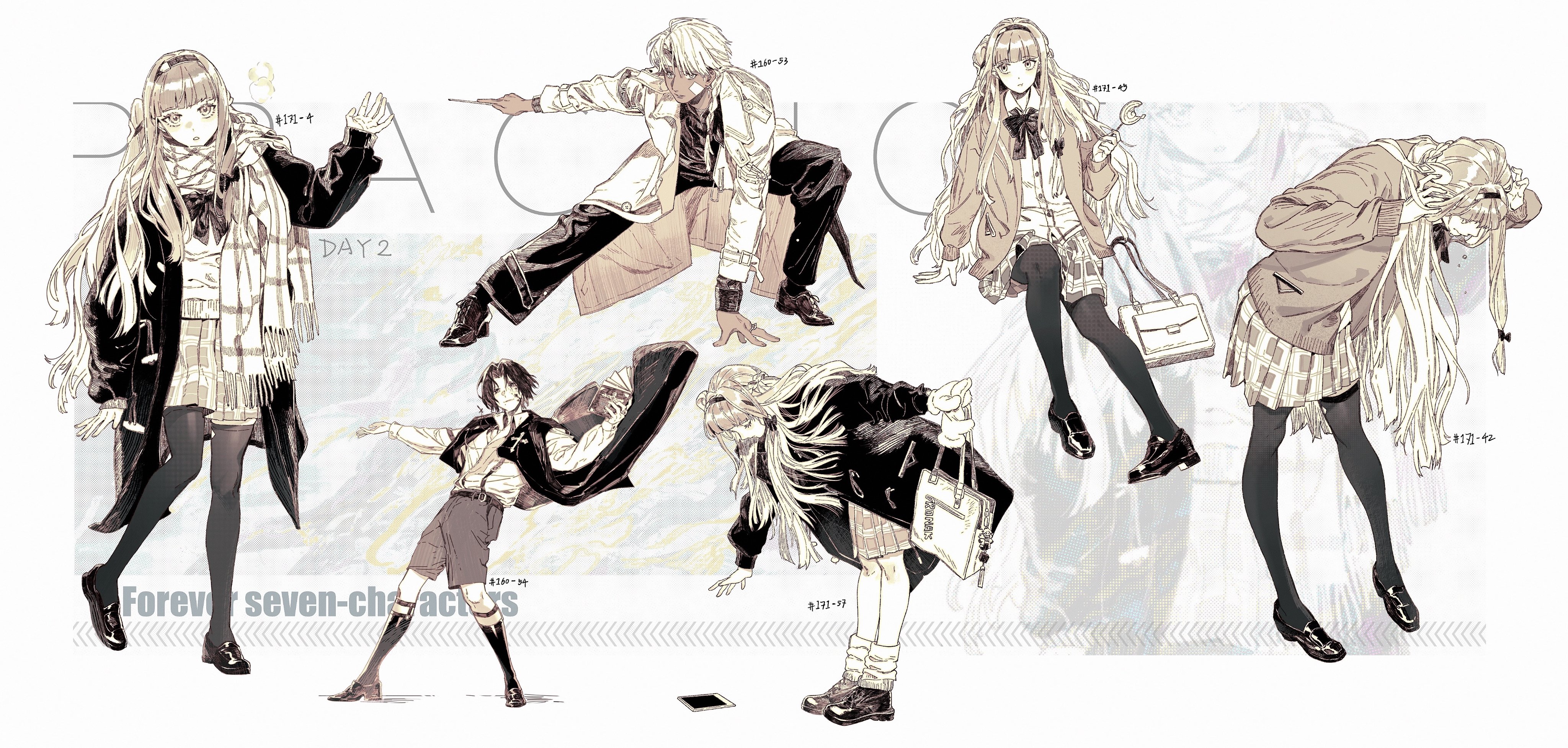 this illustration features six anime girls in various school uniforms. they are all drawn in a detailed and expressive style. the characters are all posed in a dynamic and energetic way, and the overall image is full of life and personality. the artwork is rendered in black and white, with the exception of some subtle shading and highlights.  the image has a light and airy feel, and the overall aesthetic is one of youthful energy and excitement.