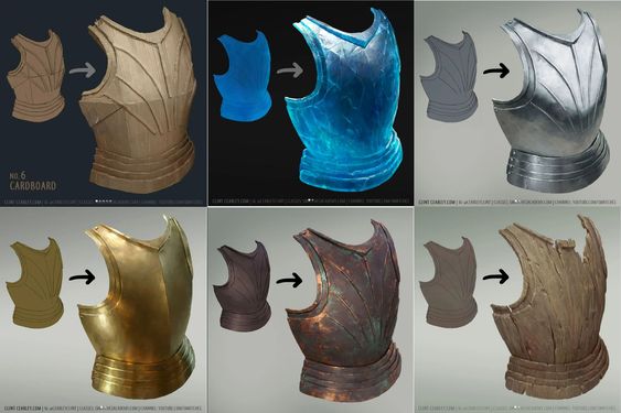 a grid of 3d renderings showcases the same piece of plate armor breastplate, crafted from diverse materials.  each material variation, including cardboard, energy, steel, gold, copper, and damaged, is presented in a beforeandafter format, highlighting the transformative power of texturing in 3d modeling.