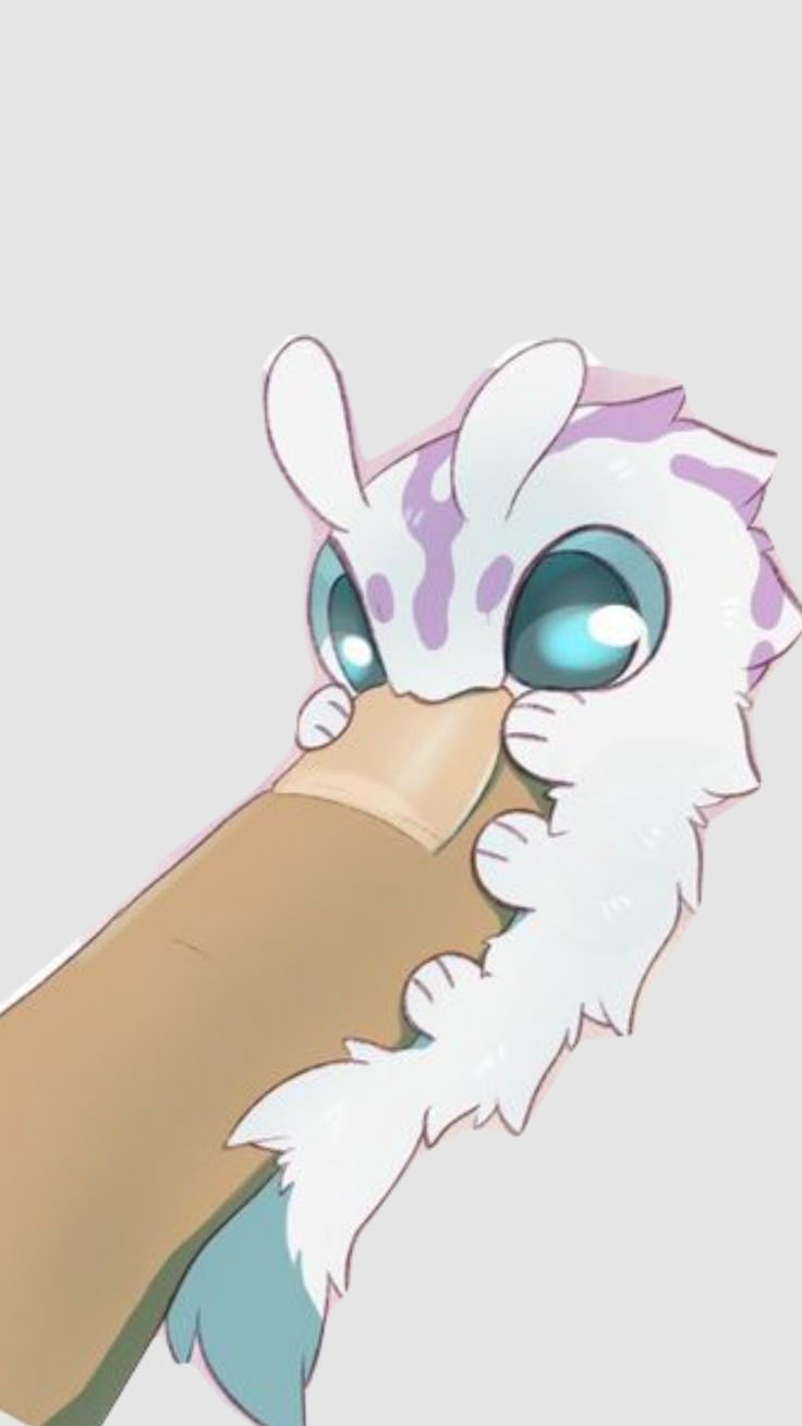 a cartoon image shows a white catlike creature with blue eyes and purple spots holding onto a brown object. the background is plain gray. the creature has pointy ears and a fluffy tail.