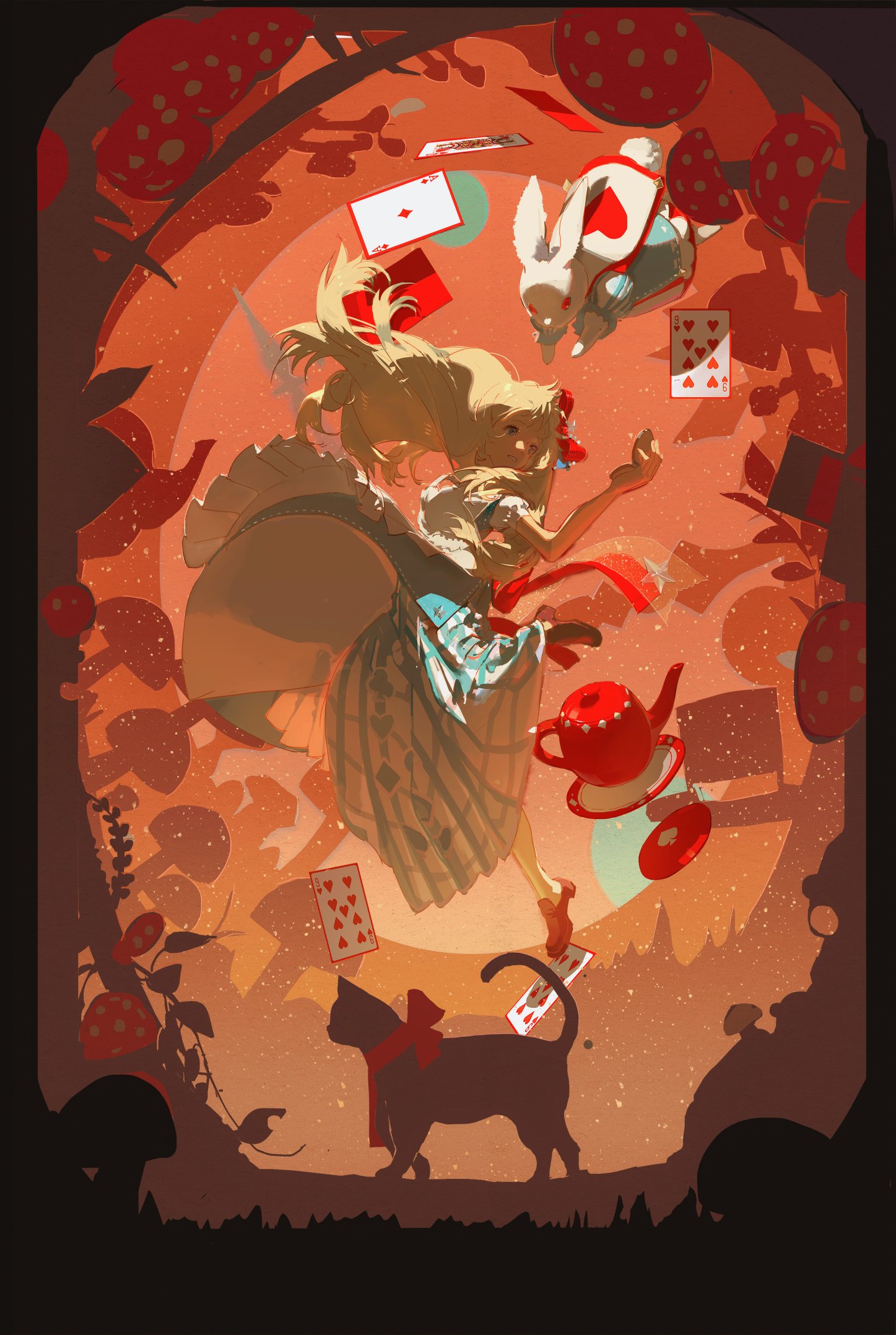 a whimsical illustration of alice in wonderland falling through the air.  she is surrounded by playing cards, and the white rabbit floats above her. a cheshire cat looks up from the bottom of the image. a teapot and teacup float nearby, and the background features stylized trees and mushrooms in a warm palette.