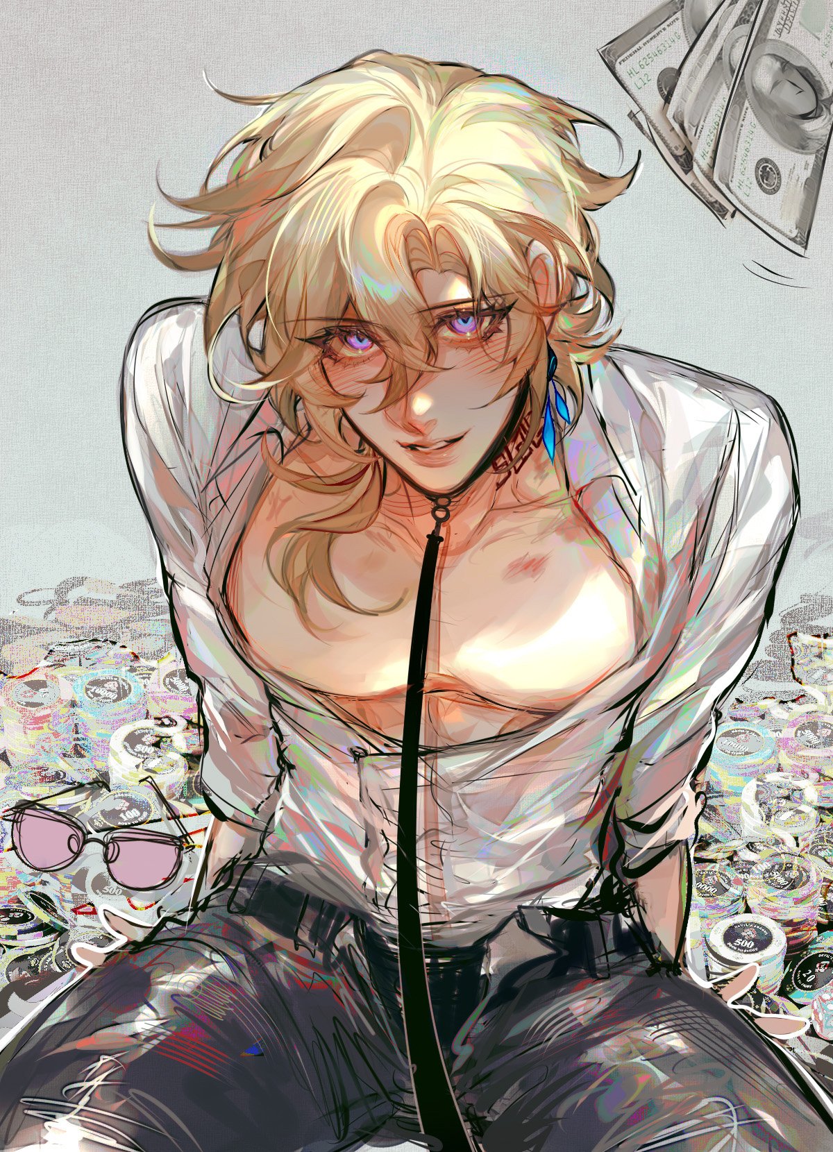 the image is a digital painting or illustration of a stylized anime/manga male character. he has long blond hair, a confident smirk, and is wearing a semisheer, iridescent white shirt unbuttoned to reveal his chest. a black choker is around his neck, and there's a hint of blue earring. he is sitting surrounded by piles of money (us dollar bills), adding to a wealthy or suggestive theme.  the art style is vibrant and detailed, with a mix of realistic and surreal elements. the overall mood is suggestive and attentiongrabbing.  the character's expression and pose convey a sense of selfassuredness and perhaps arrogance.