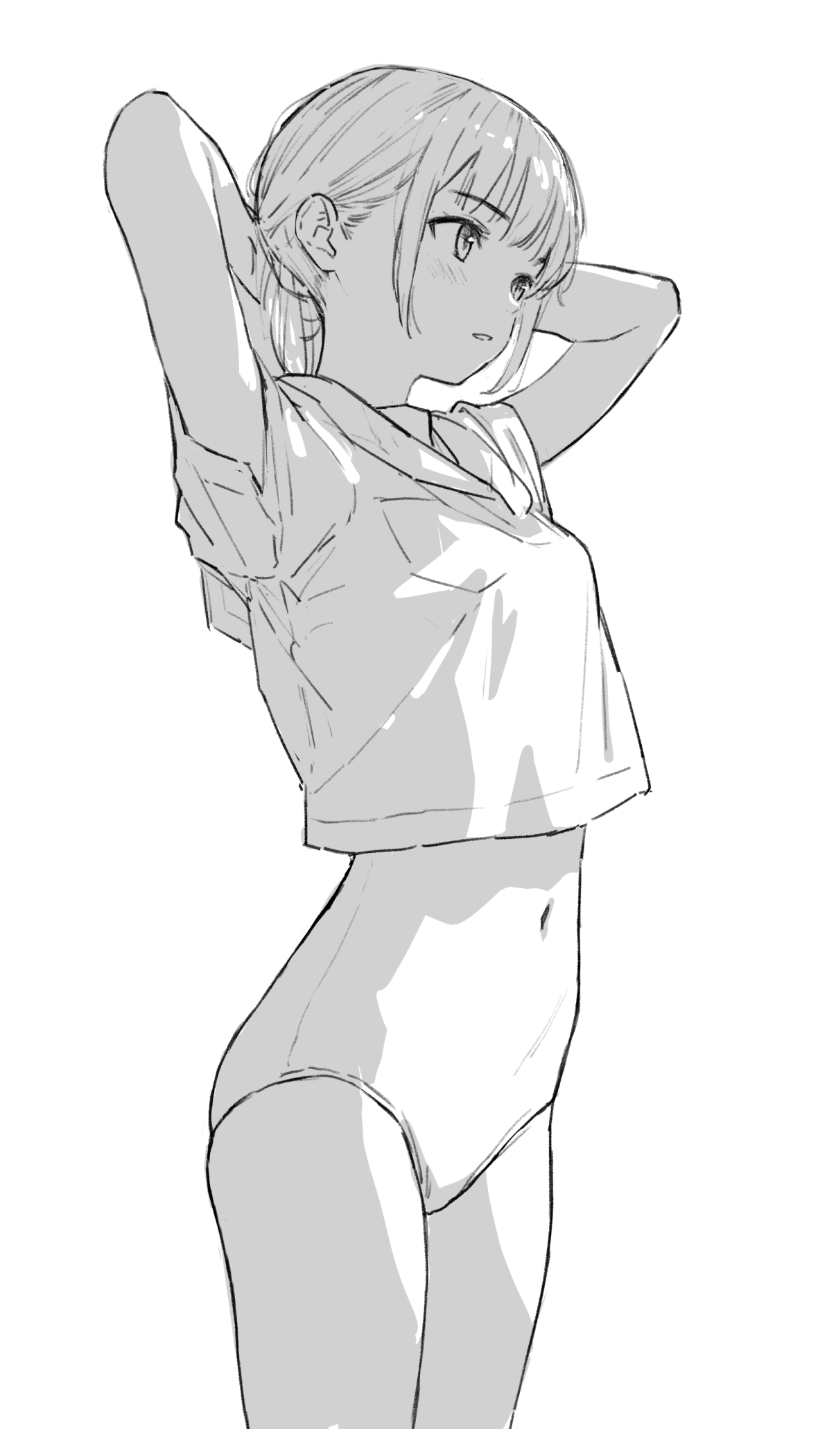 a grayscale sketch of a young animestyle girl. she has short hair and is wearing a loose shirt and shorts. she is posing with her arms raised, appearing to be adjusting her hair. the drawing style is simple and minimalist, with soft lines and shading. the overall mood is serene and peaceful.