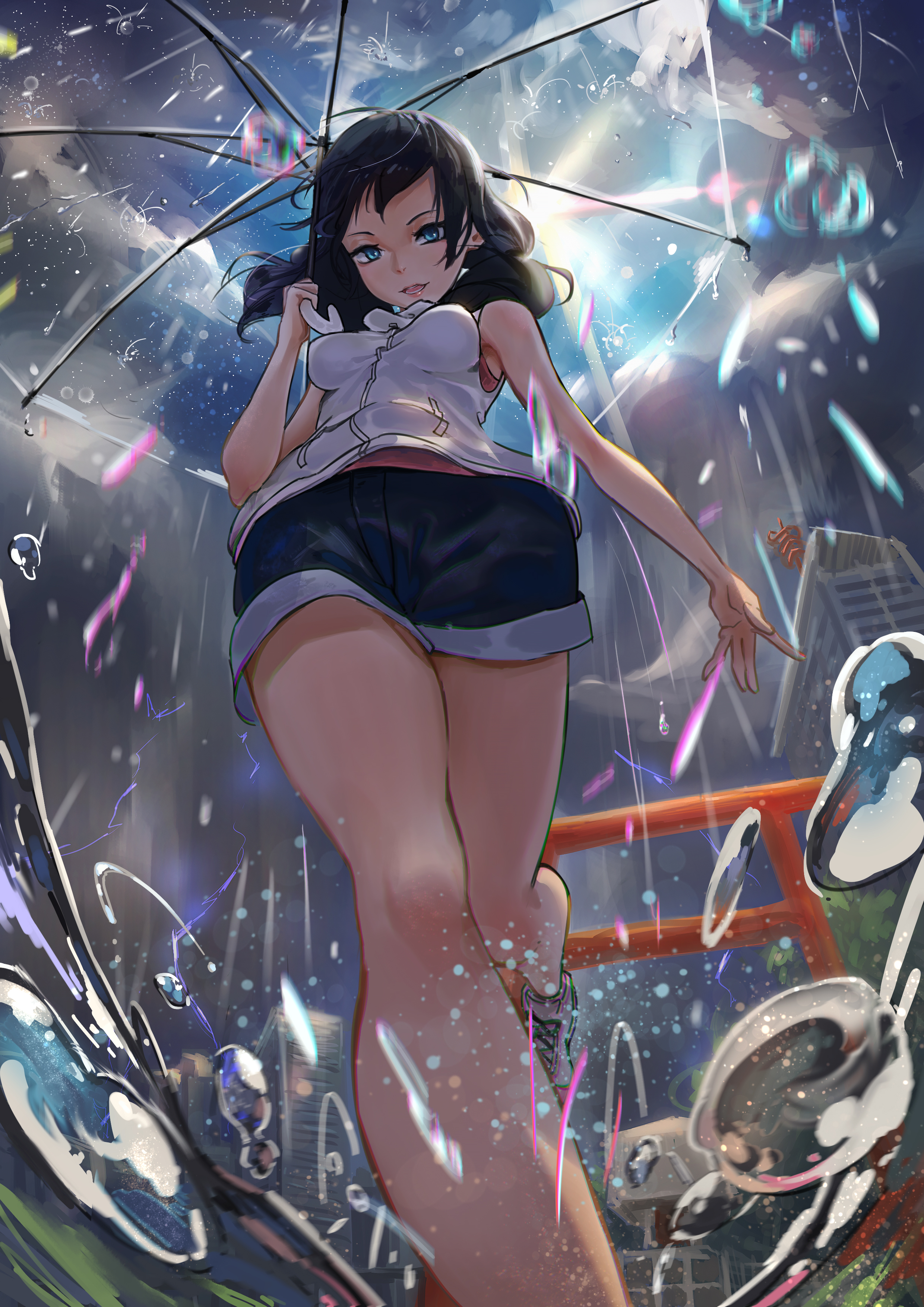 an anime girl stands in the rain, holding a clear umbrella. she's wearing dark shorts and a white hoodie. the perspective is from a low angle, looking up at her. there are water droplets and streaks of light around her, and a cityscape is visible in the background.