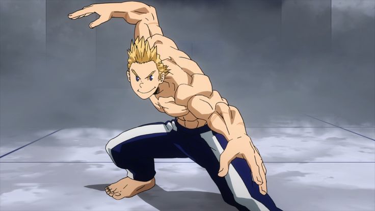 this image shows an anime character in a fighting stance. he is a muscular male with blonde hair and blue eyes. he is wearing black pants with white stripes, and he is barefoot. he appears to be very powerful and determined, and he is ready for battle. the character looks like he's from the anime "my hero academia."