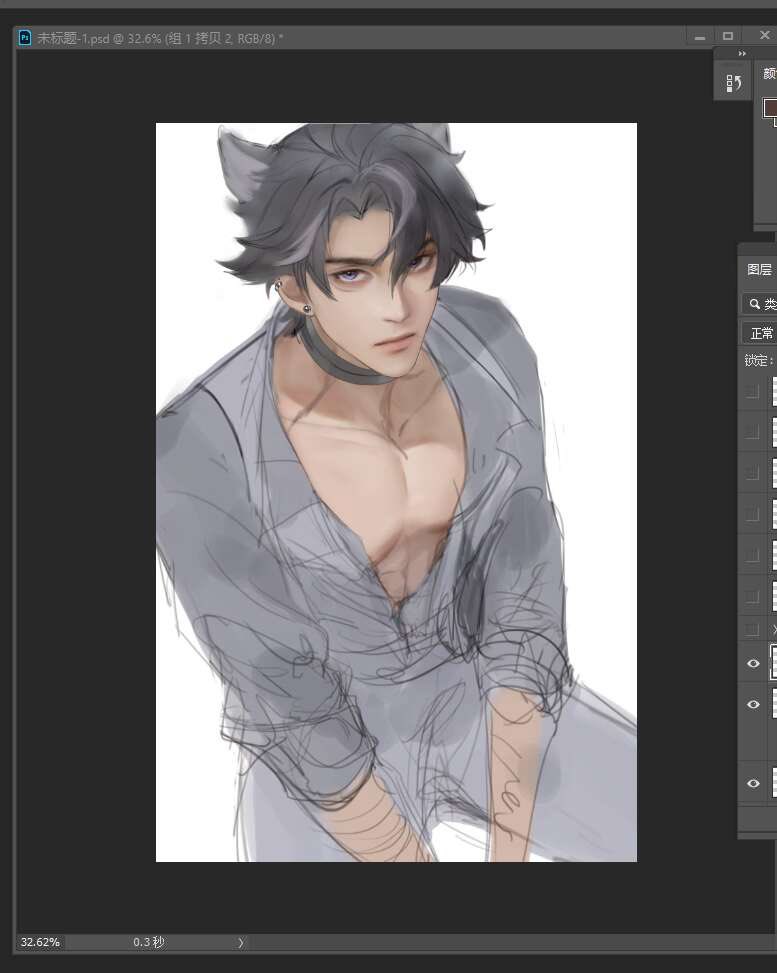 the image shows an anime boy with cat ears, sitting in a relaxed position with his shirt open, showing his chest and some of his abs. he is wearing a gray shirt, and his hair is also gray. the image is drawn in a manga style and is very well done. the boy's eyes are light blue and he has a very handsome face. he looks very relaxed and comfortable, as if he is enjoying himself. the image is set in a white background, which makes the boy stand out even more.