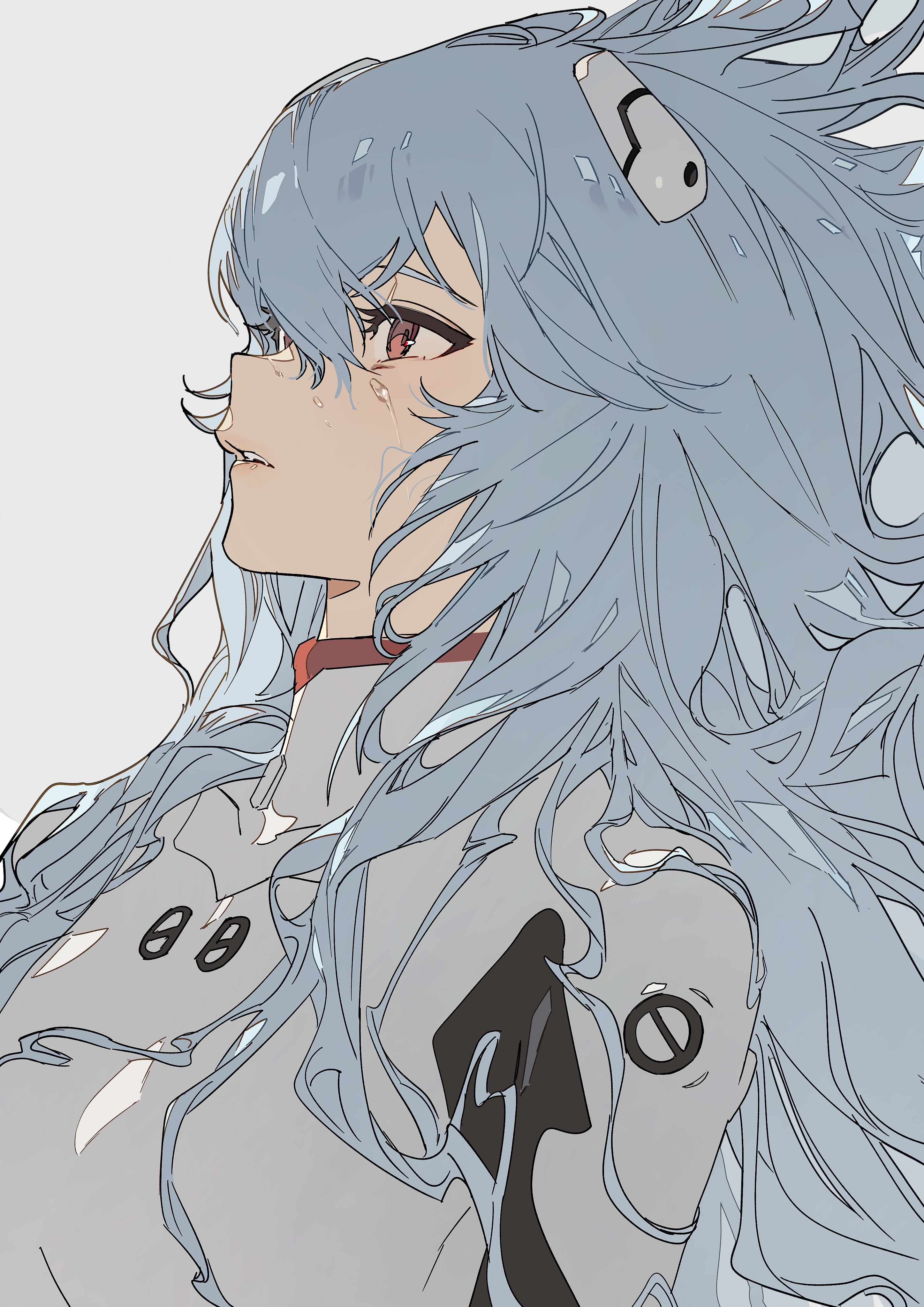 the image is a digital drawing or painting of an animestyle female character. she has long, flowing light blue hair and is depicted in a side profile view, her head tilted slightly upward.  tears stream down her face, suggesting sadness or distress. she appears to be wearing a grey, possibly futuristicstyle suit with subtle markings and a small device on her hair. the art style is soft and somewhat ethereal, with a focus on linework and shading that conveys a sense of emotion and vulnerability. the overall mood is melancholic.