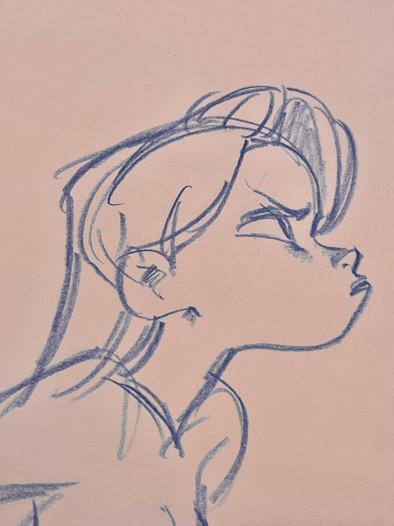 this is a simple line drawing of a woman's face in profile view.  she appears to be frowning and looking downward. the sketch is drawn in blue on a peach or pinktoned background.