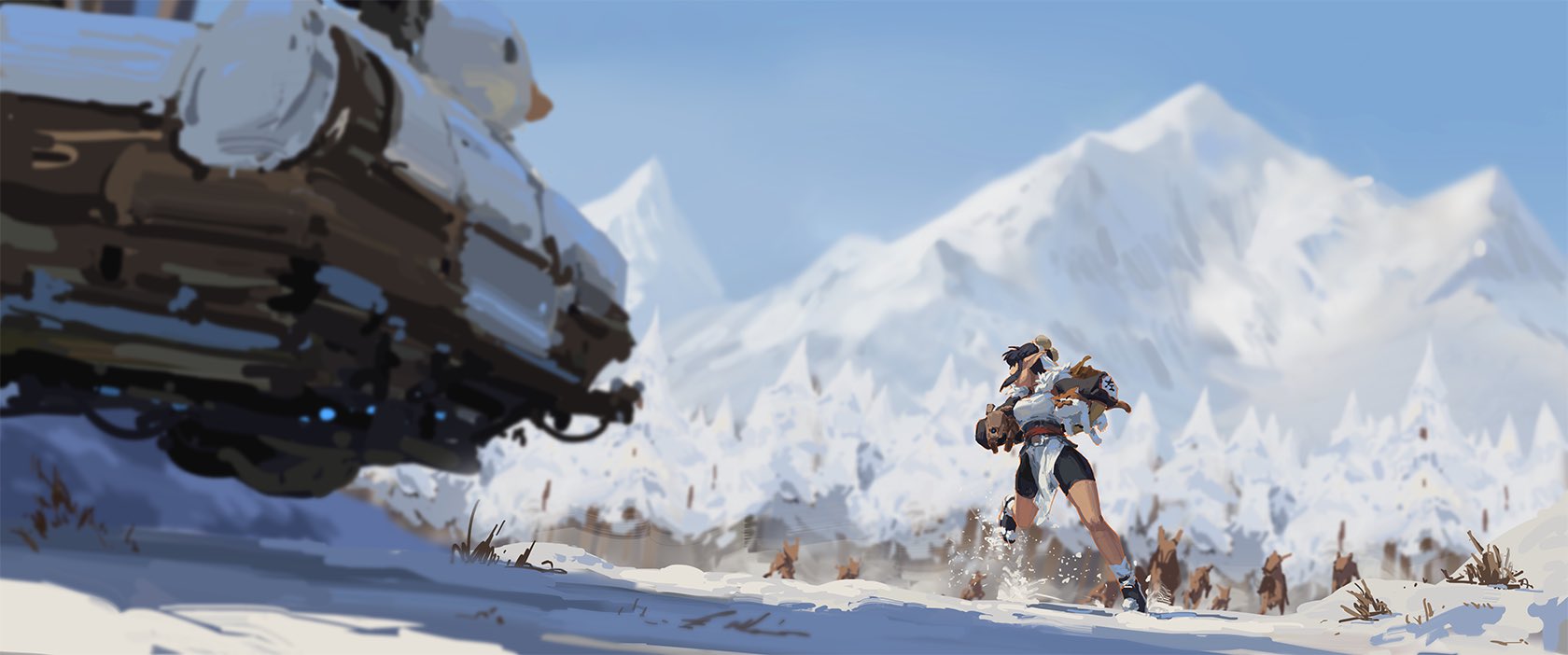 the digital painting depicts a female character with dark hair running through a snowy landscape, carrying what appears to be a small animal or bundle. she is dressed in a lightcolored outfit appropriate for cold weather.  in the background, a large, partially obscured vehiclelike object suggests a sense of urgency or escape.  a pack of similar small animals also appear to be running with her in the background. the backdrop features towering, snowcovered mountains and a snowy forest, creating a dramatic and atmospheric scene with a strong emphasis on motion and a sense of narrative. the painting style is loose and painterly, with visible brushstrokes contributing to the overall effect.