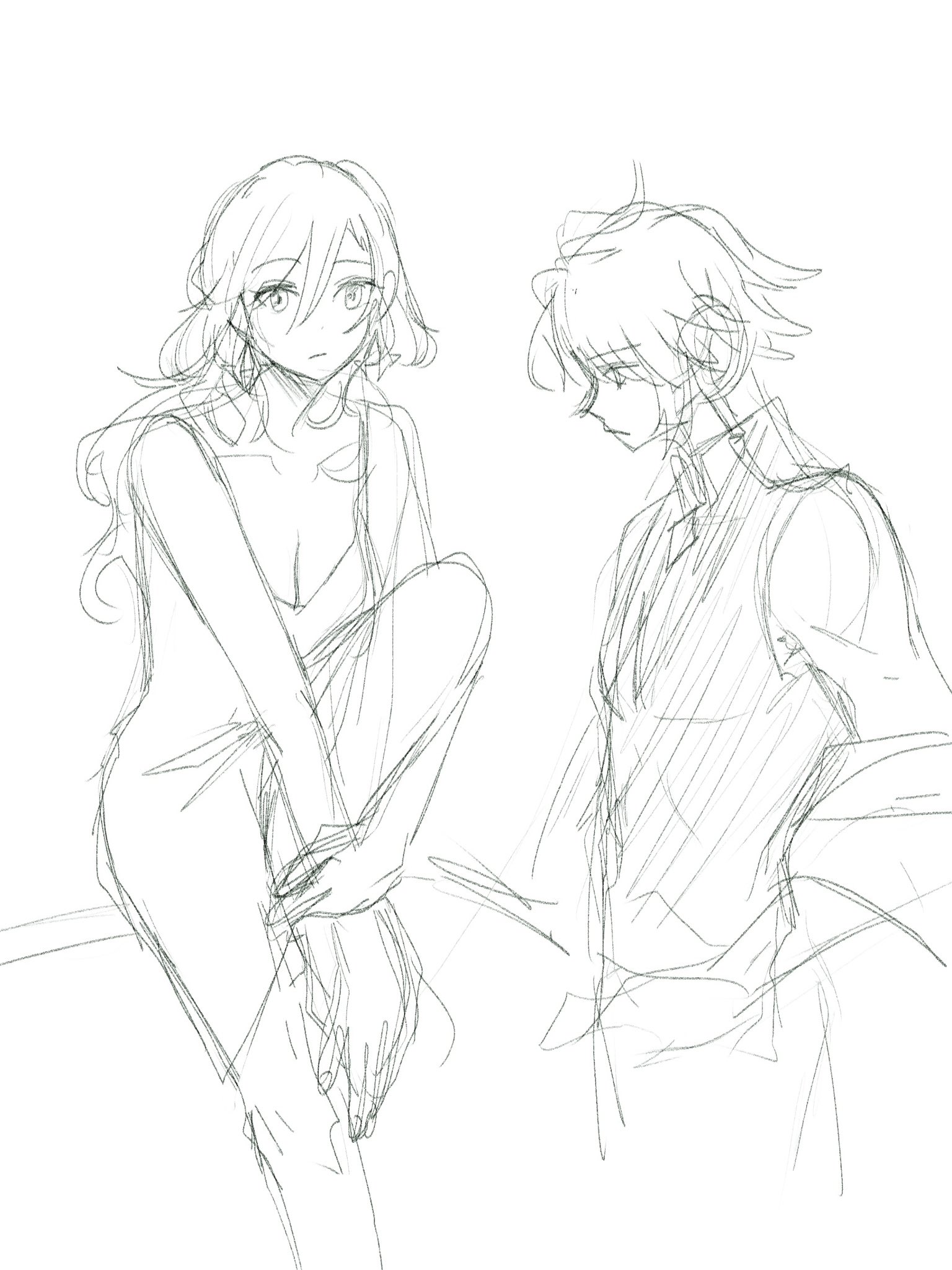 a black and white drawing of an anime couple in love. the man has short, spiky hair and is wearing a vest. the woman has long, straight hair and is wearing a dress. they are looking at each other with love in their eyes. the drawing is done in a simple style with delicate lines and shading.