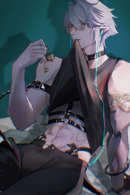 the image is a digital fanart depicting a young animestyle male character with long, silver hair and pointed elf ears. he has a somewhat androgynous appearance. he's wearing a dark, sleeveless shirt partially pulled down to reveal his muscular torso and abdomen. he also has on a choker necklace, harnesses and straps across his chest and waist, and what appears to be a pair of earphones or headphones.  he is holding a key chain with a key on it. the overall style is dark and edgy, with a focus on sharp lines and contrasting colors. the background is a muted teal or turquoise. the character appears relaxed, possibly lying down on a bed or similar surface. the art style is highly stylized and detailed.