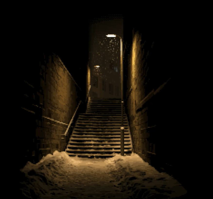 pixel art image of a dark alley at night with snow on the ground and stairs leading up between brick walls illuminated by lampposts.