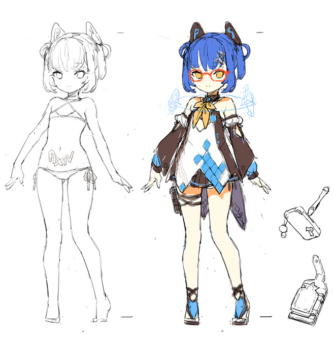 a digital sketch of a young girl drawn twice; once without clothes and once in a stylized outfit. she has blue hair, yellow eyes, glasses, and is wearing an outfit consisting of white, blue, and brown. she has a futuristiclooking headset around her neck. there are also sketches of a bag and a futuristic walkie talkie of sorts.